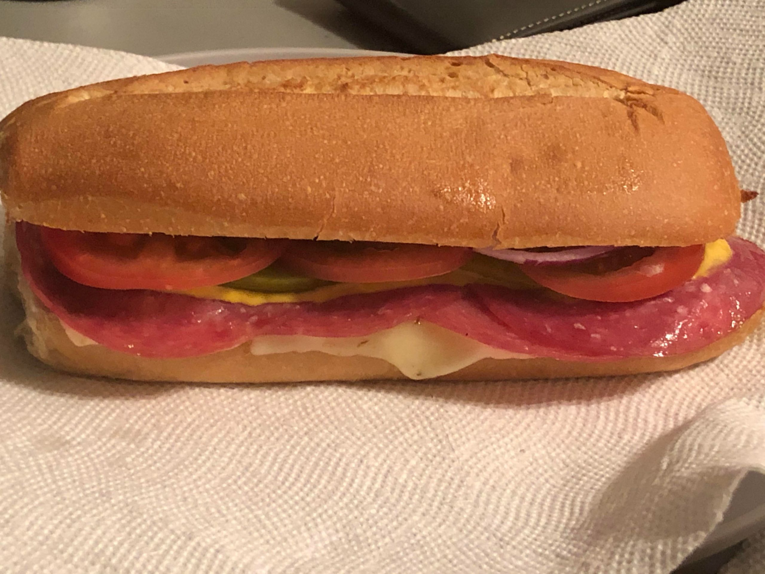 Pepper jack cheese, Muenster cheese, tomato, pickle, onion, salami
