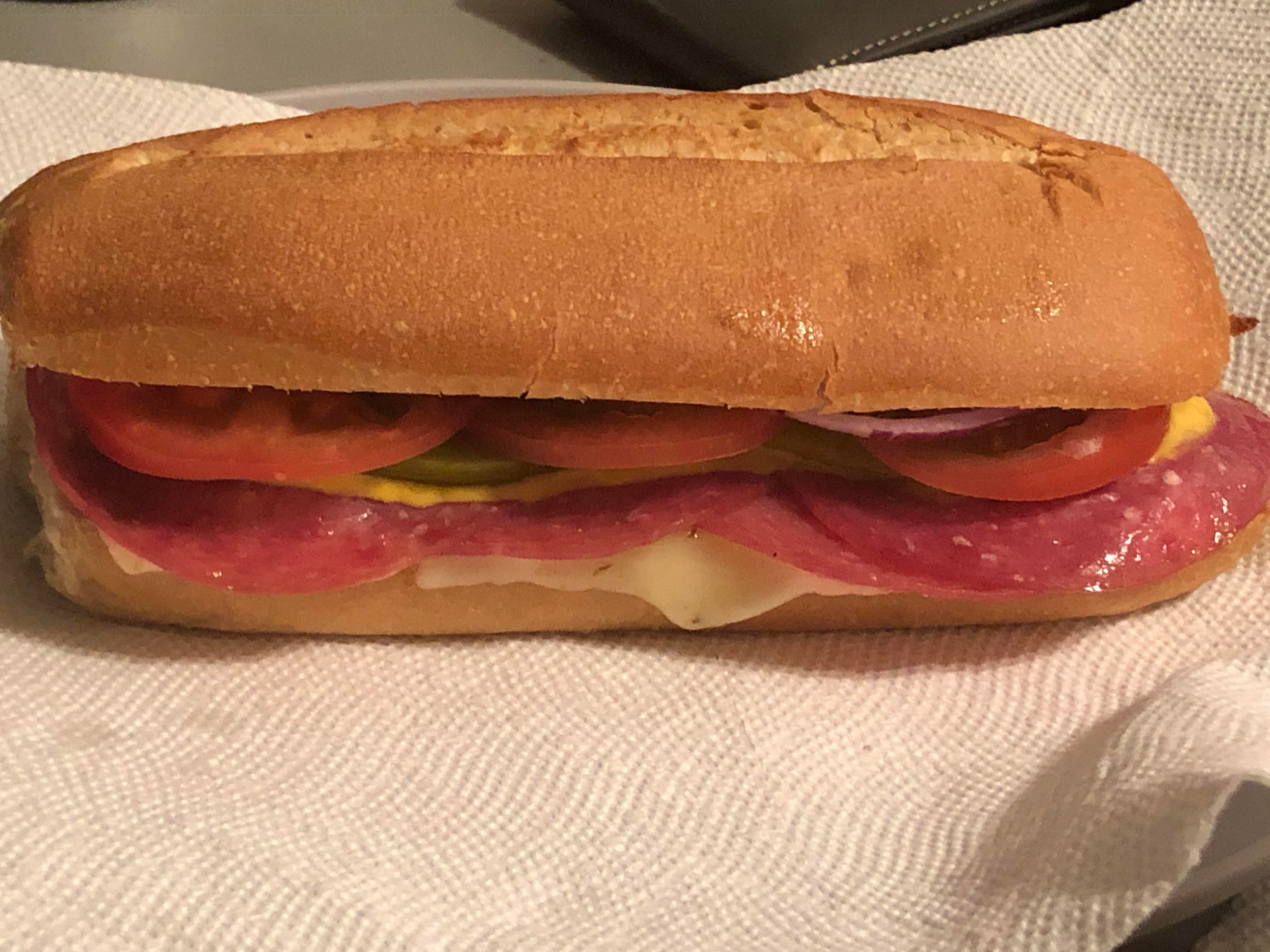 Pepper jack cheese, Muenster cheese, tomato, pickle, onion, salami