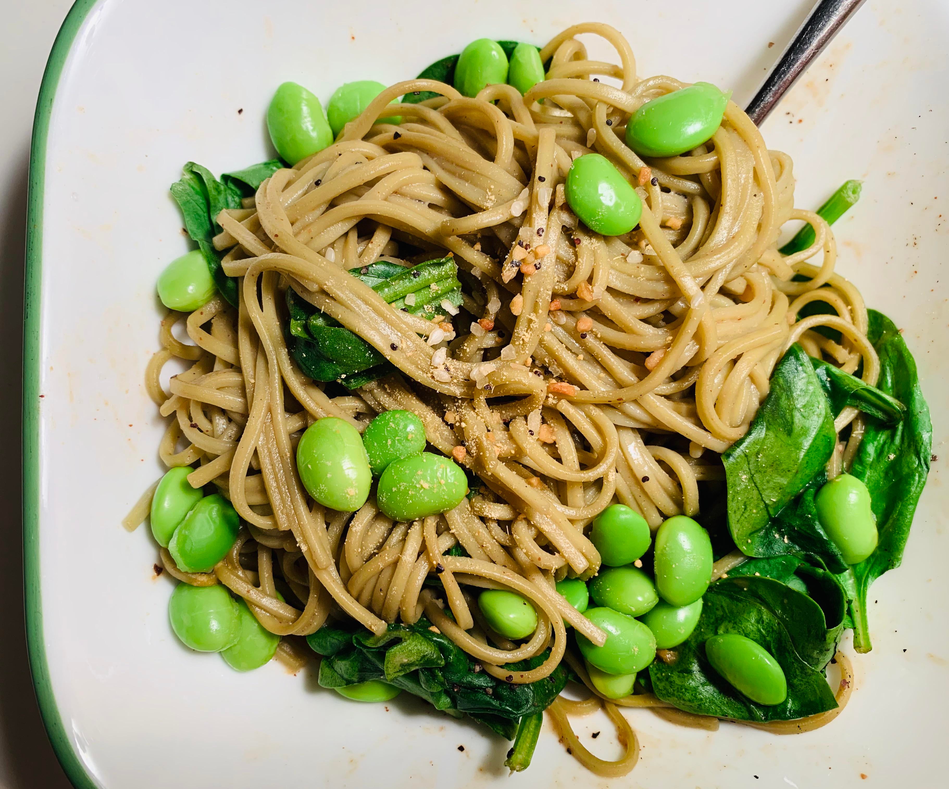 dinner for 350! green tea soba noodles w a coconut/soy sauce and edamame+spinach 😊 Dining and
