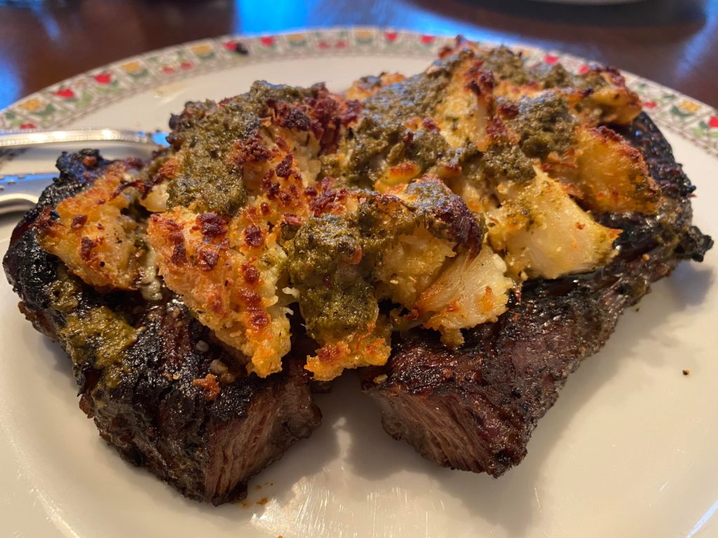 12oz choice ribeye w/crab and pesto butter