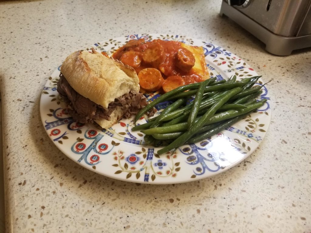 Italian beef sandwich, ravioli with italian sausage, and green beans - very tasty!