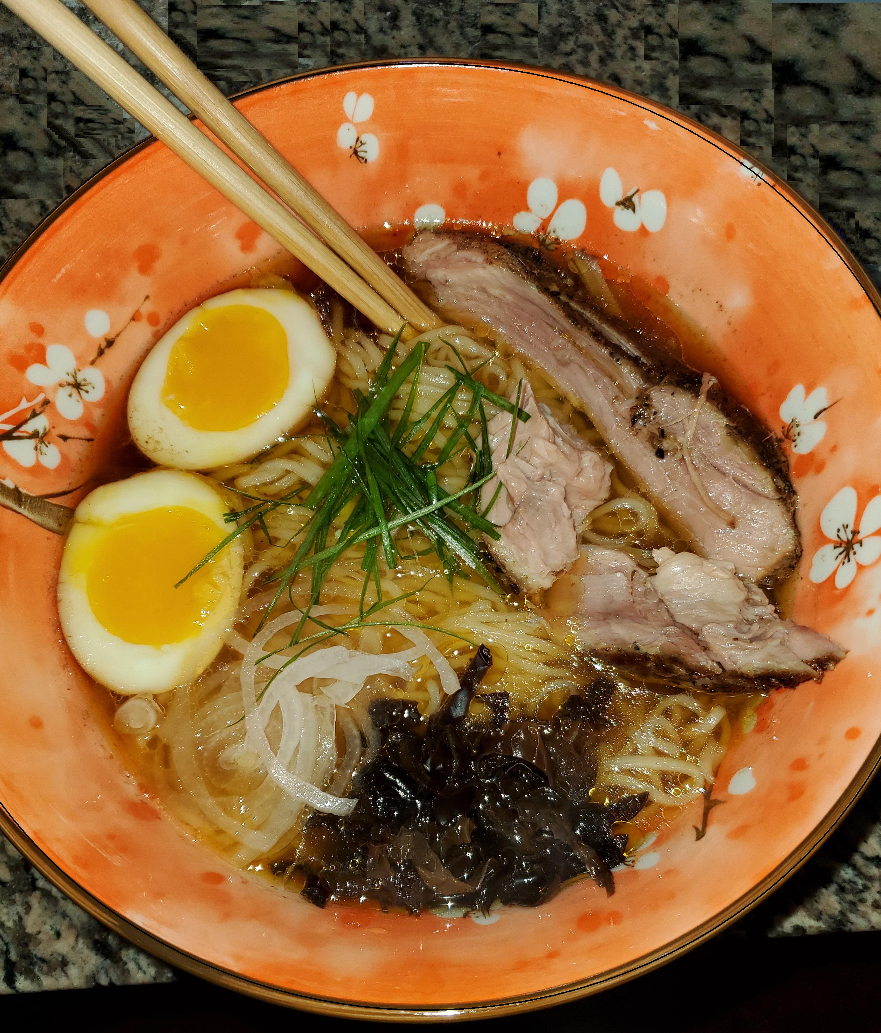 Made this experimental Shoyu broth in a slow cooker with some pork