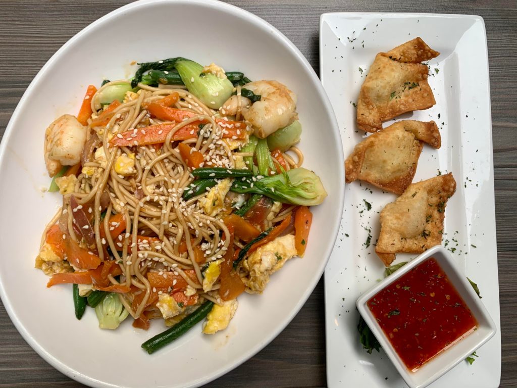 Shrimp lo mein with handmade crab & shrimp rangoon