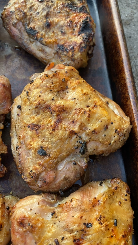 Crispy skin on grilled chicken thighs (grill until you can hear the crunch)