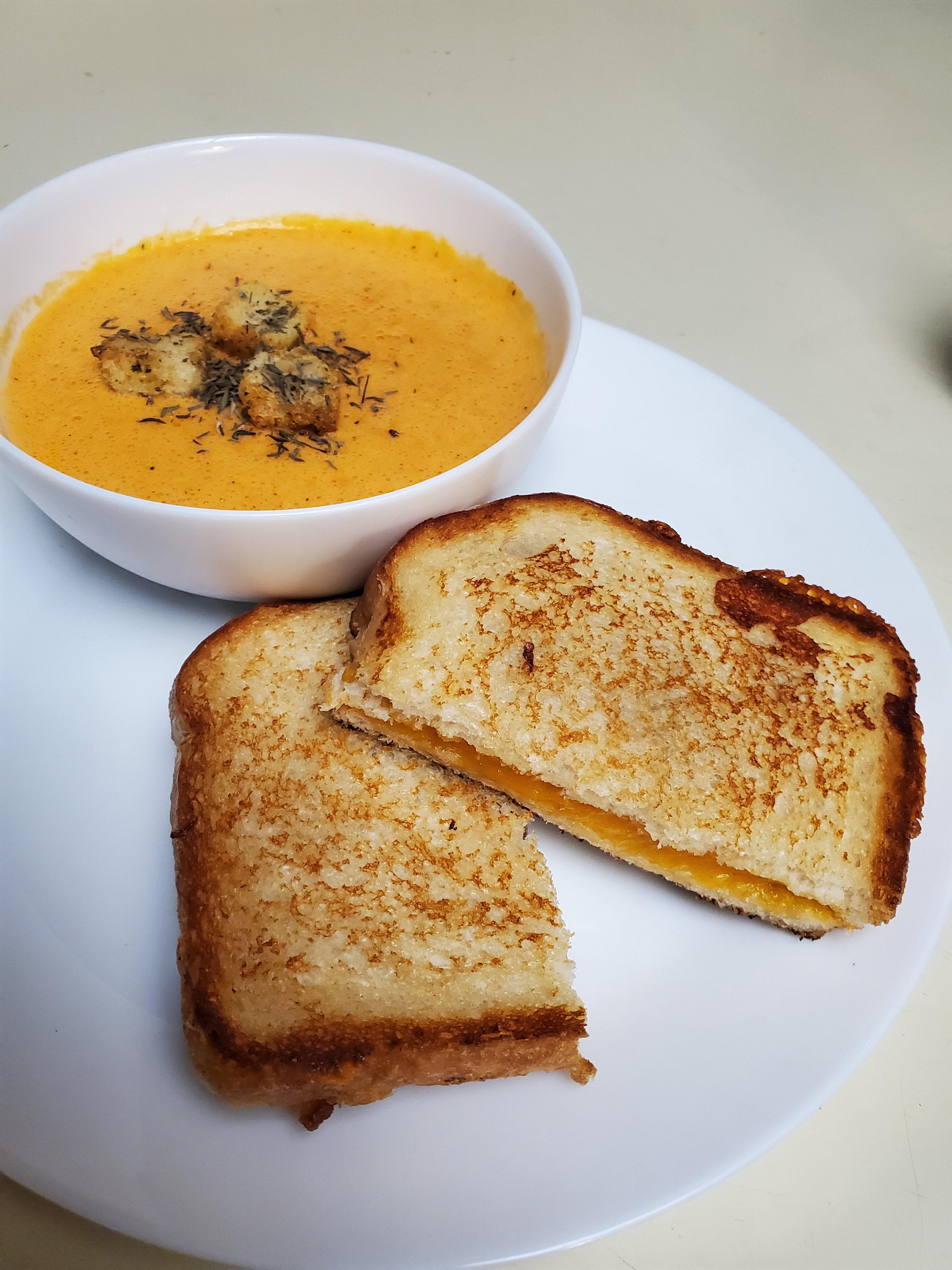 I made cheddar tomato bisque and a grilled cheese sandwich ) Dining