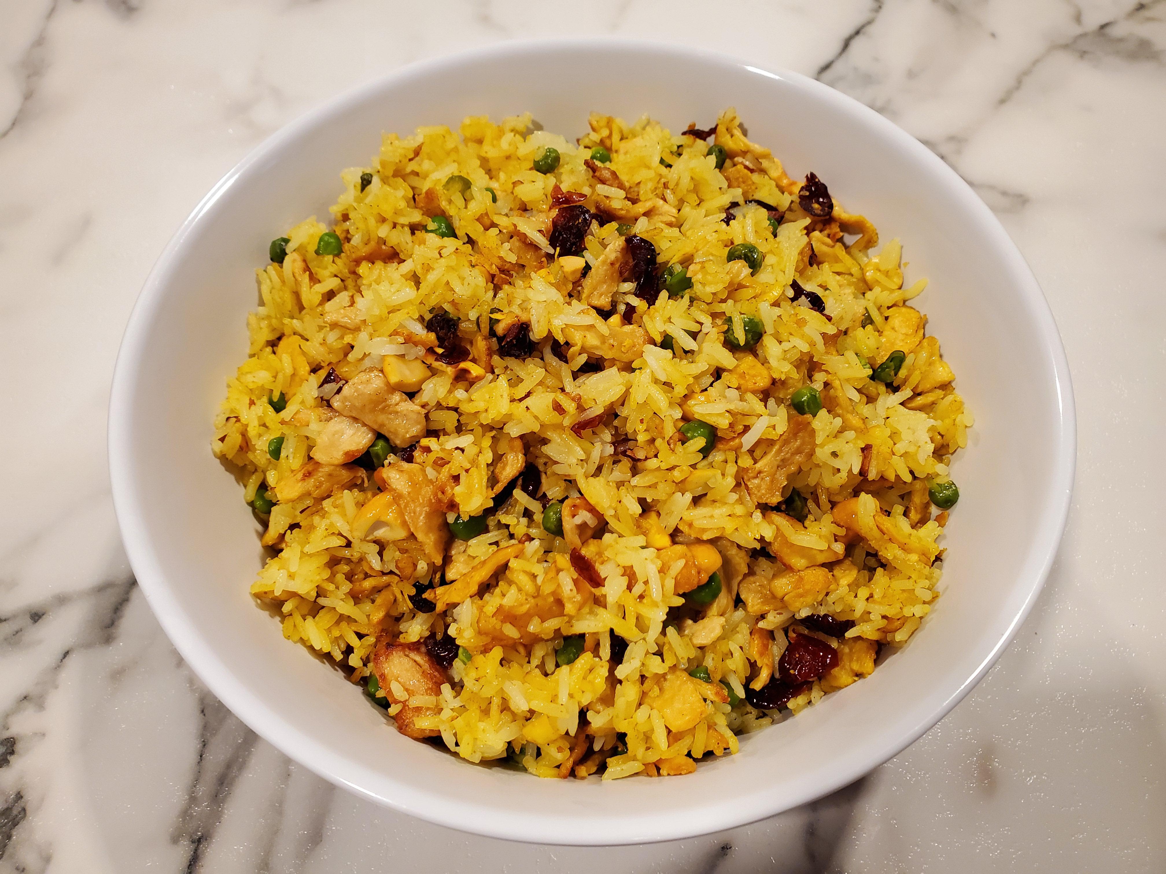 Biryani with seitan, cashews, cranberries, and peas. Dining and Cooking