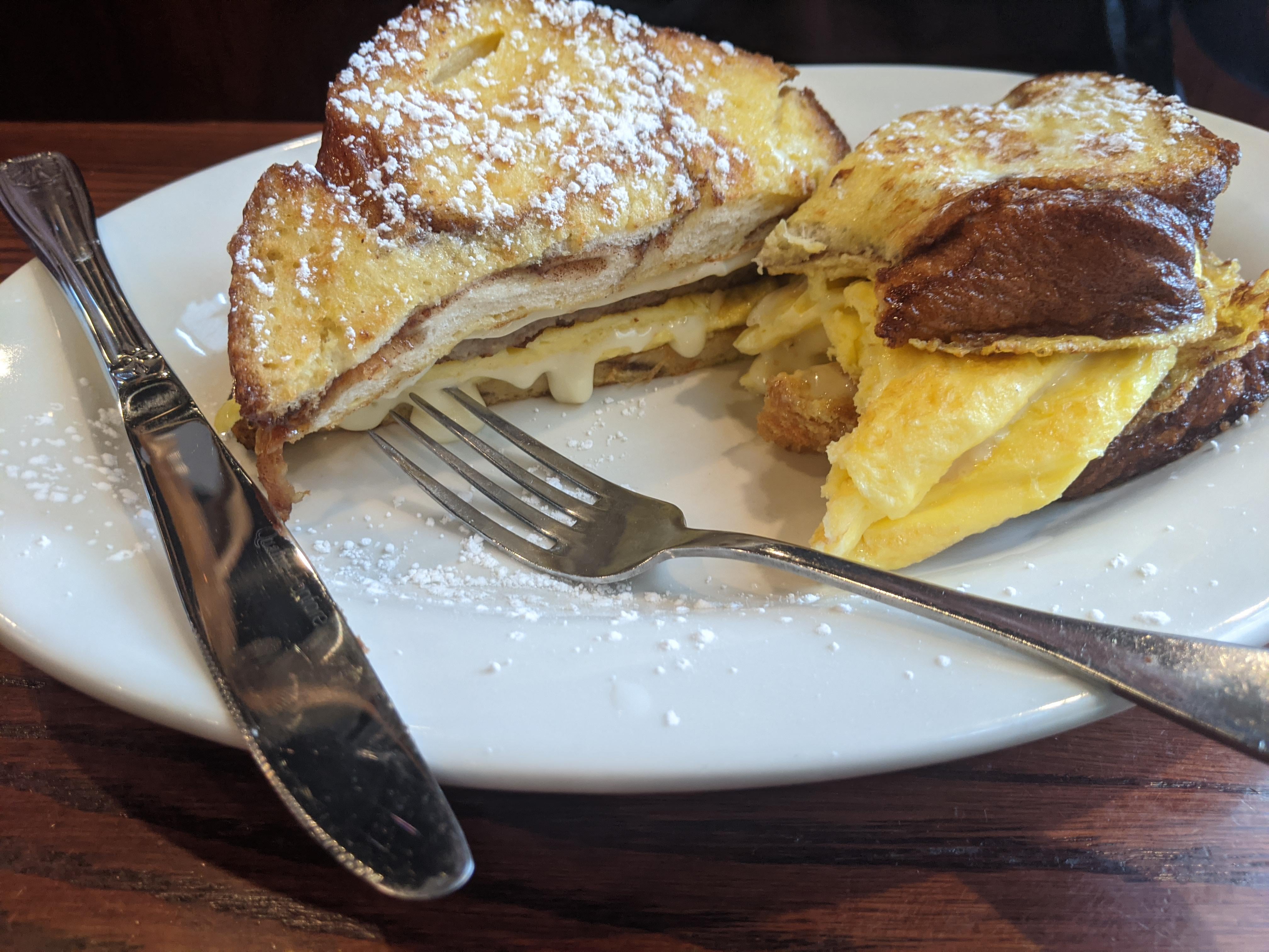 Gooey Sausage, Egg, & Cheese on French Toast Dining and Cooking