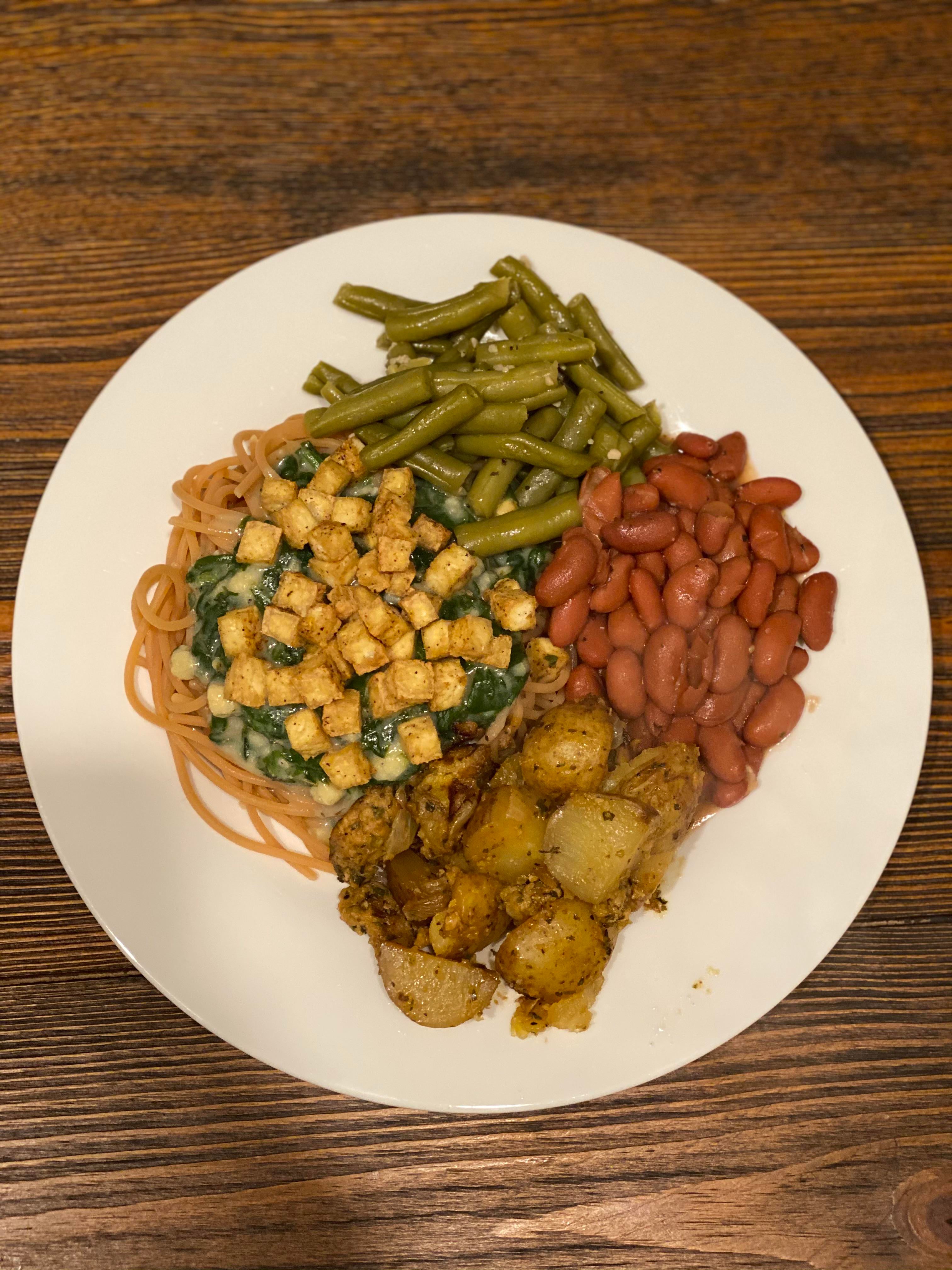 Air Fried Tofu w/ Spinach Red Lentil Spaghetti Alfredo, Kidney/Green