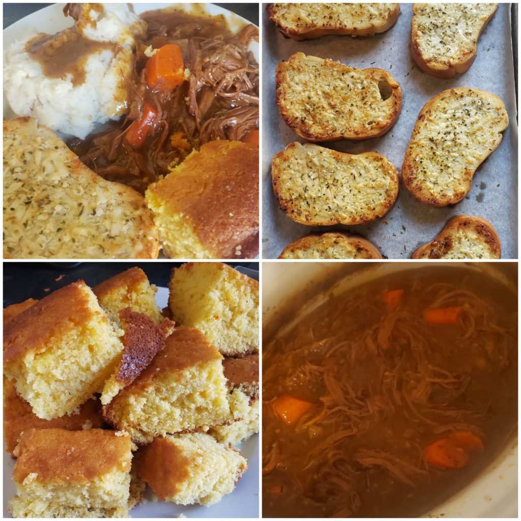 Pot roast, cornbread, garlic bread, mashed potatoes!