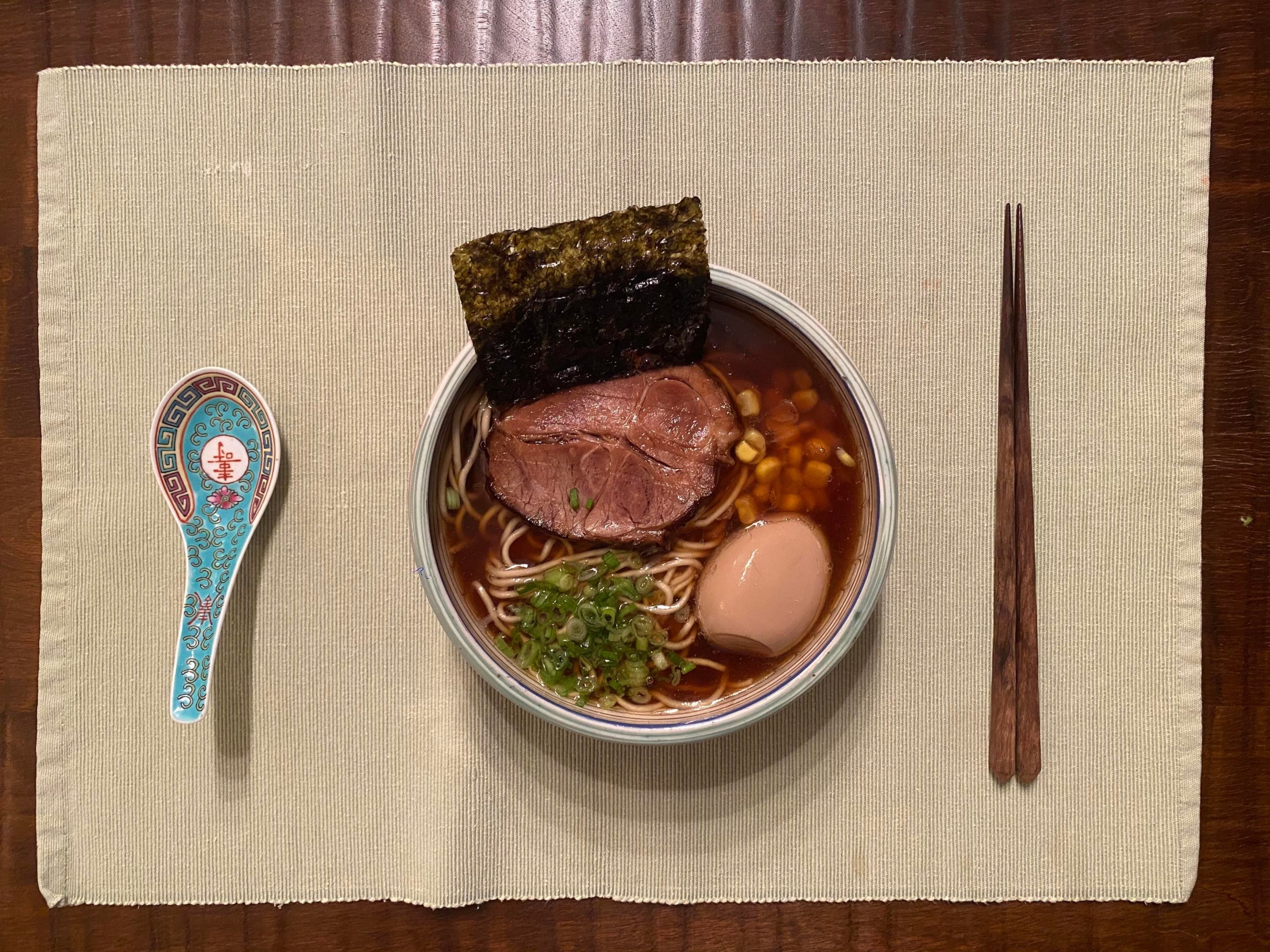 Shoyu Ramen with Pork Butt Chasu, Corn, Spring Onion, Ajitama Egg and
