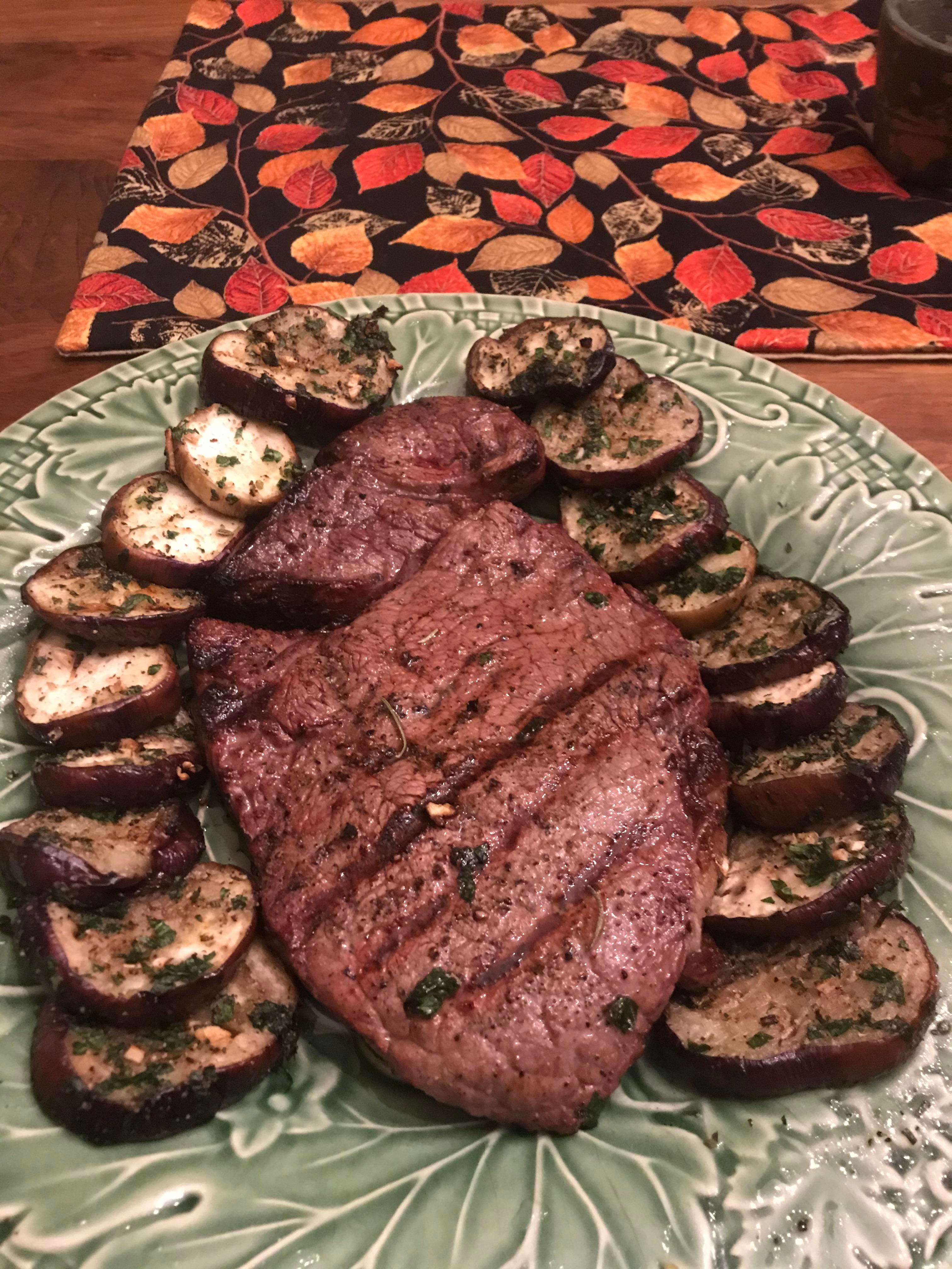 Grilled Black Angus sirloin with eggplant Dining and Cooking