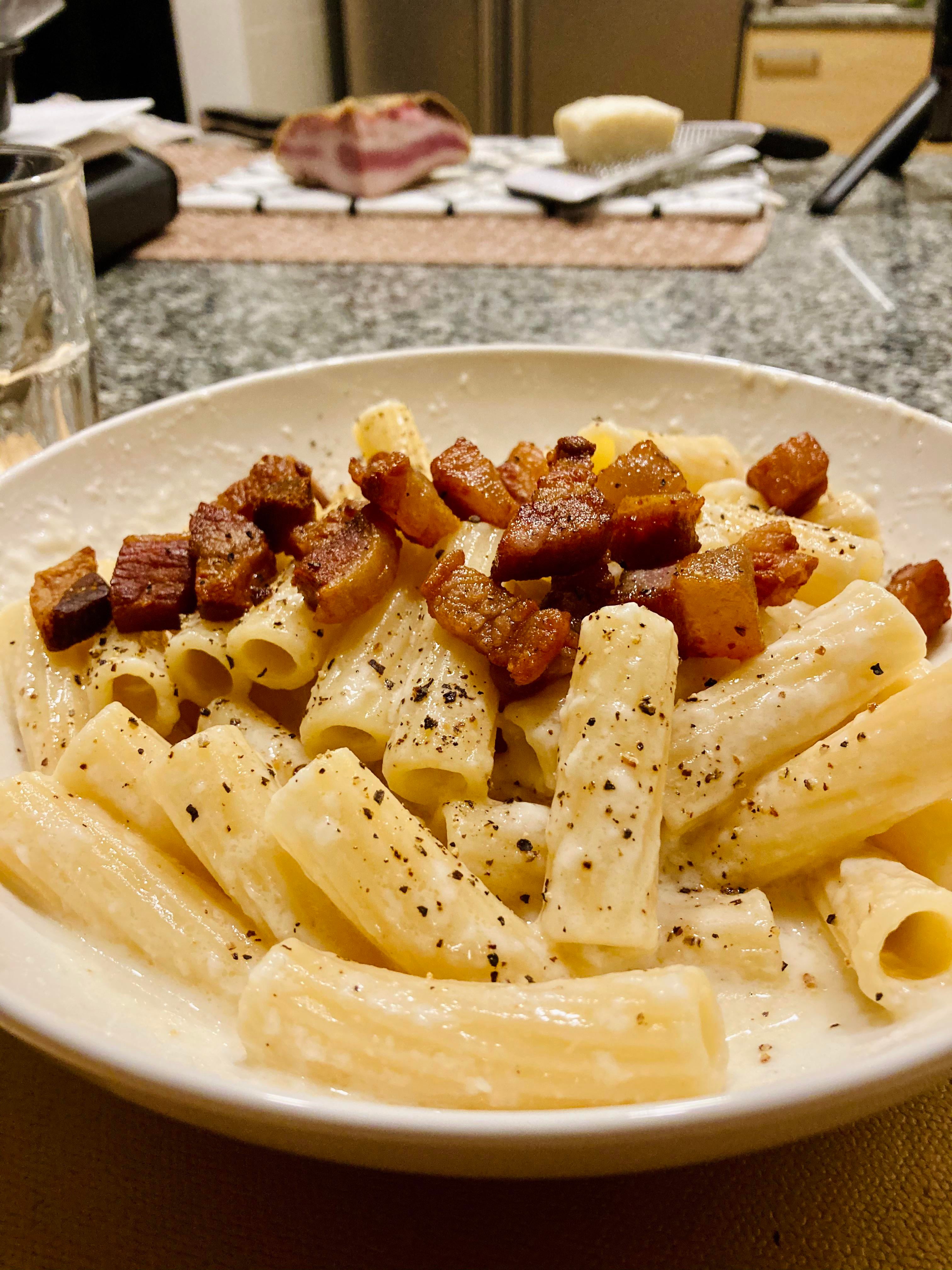 Pasta alla gricia, and that’s all (guanciale, pecorino, cooking water