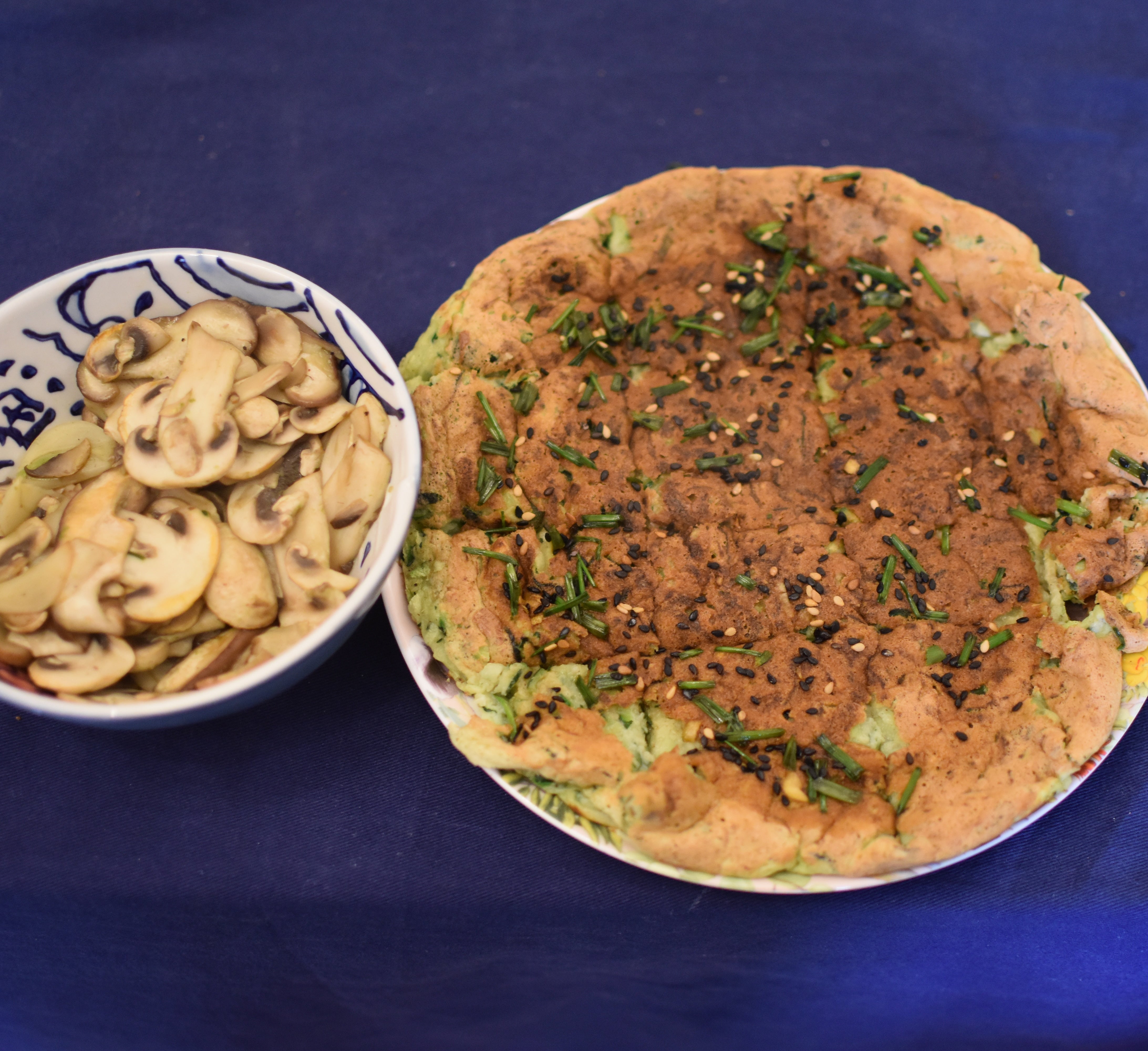 Giant zucchini pancake with garlic soy mushrooms, a tasty 320 calorie