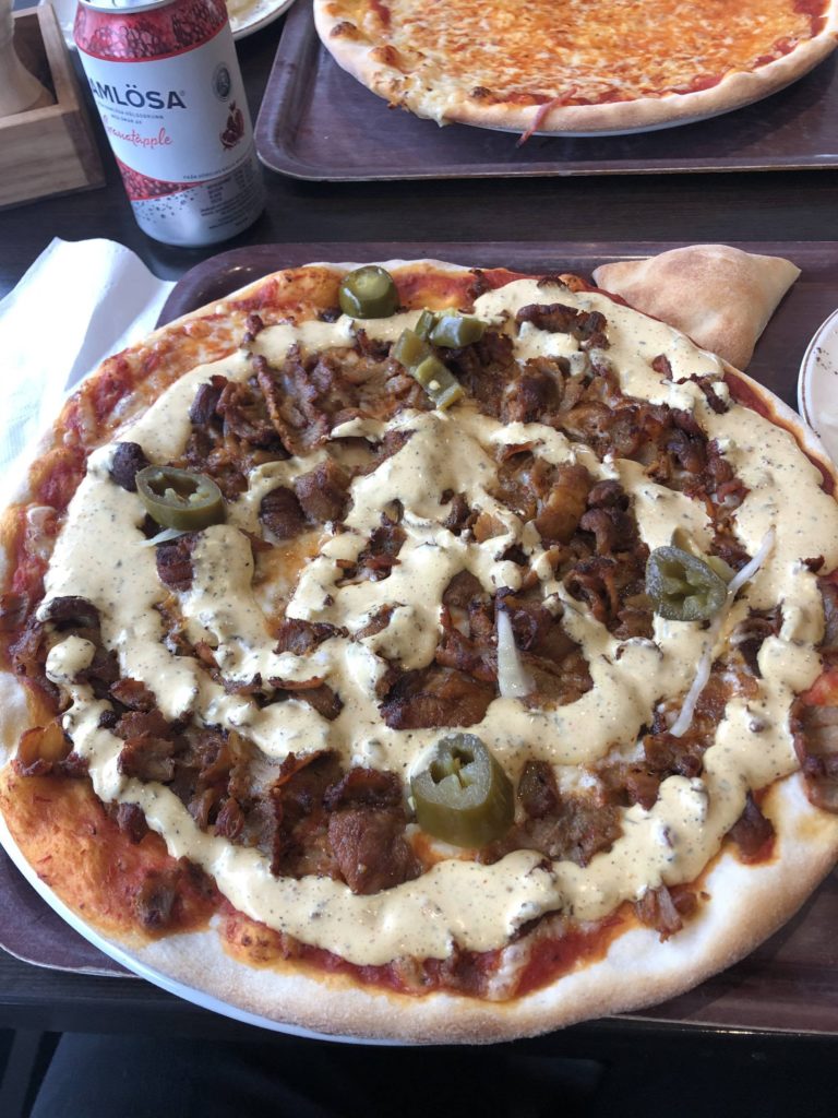 Kebab pizza. Swedish crossover success. Pork kebab i think
