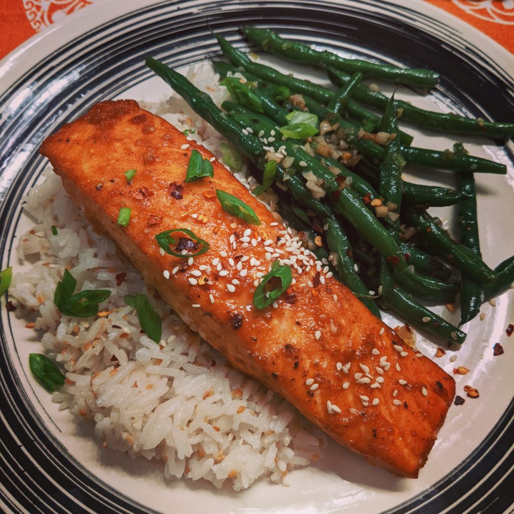 Sriracha honey baked salmon, sesame rice and skillet green beans