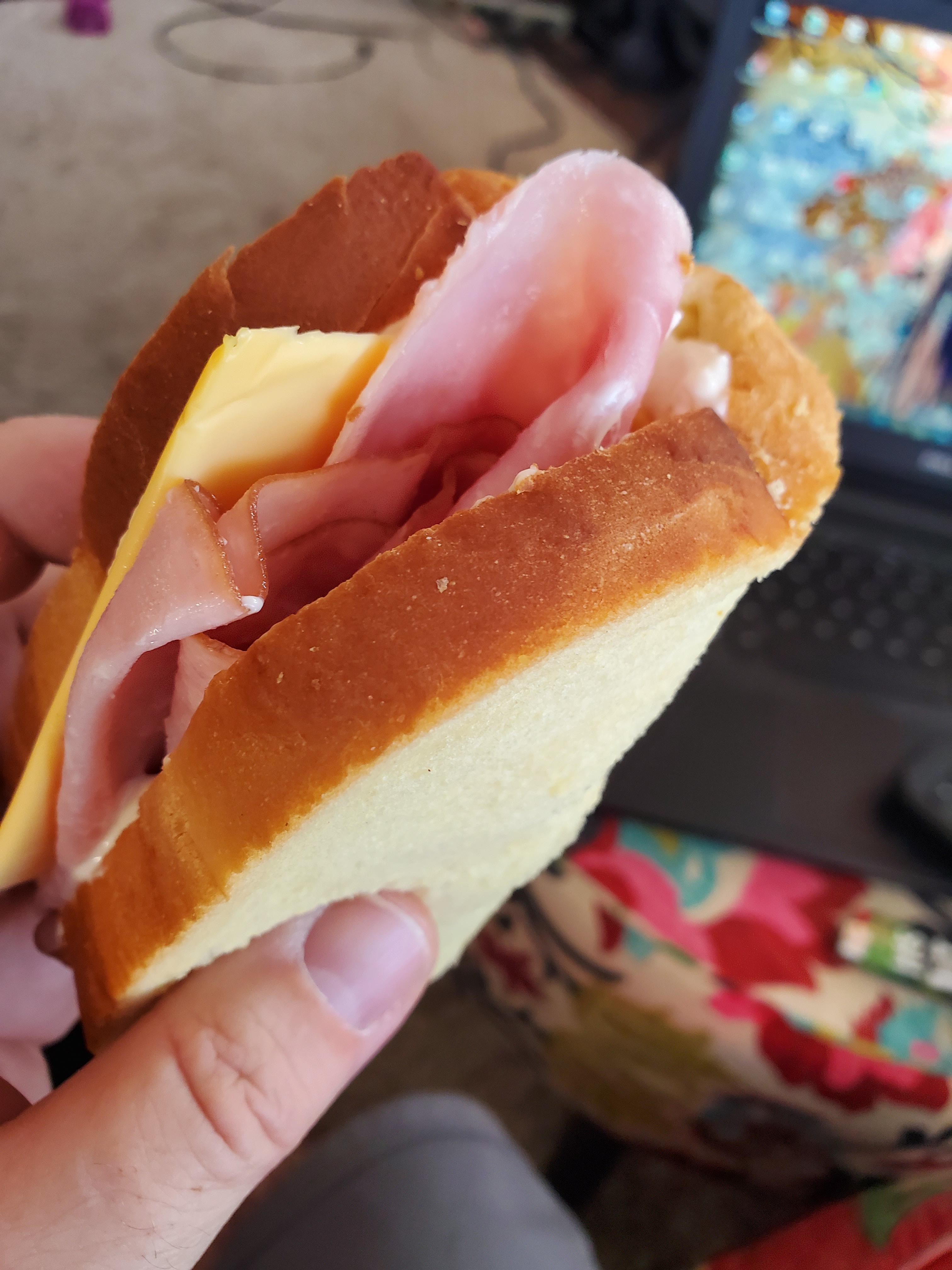 Simple ham and cheese Foldie w/ mayo on white. Love a Foldie! Dining