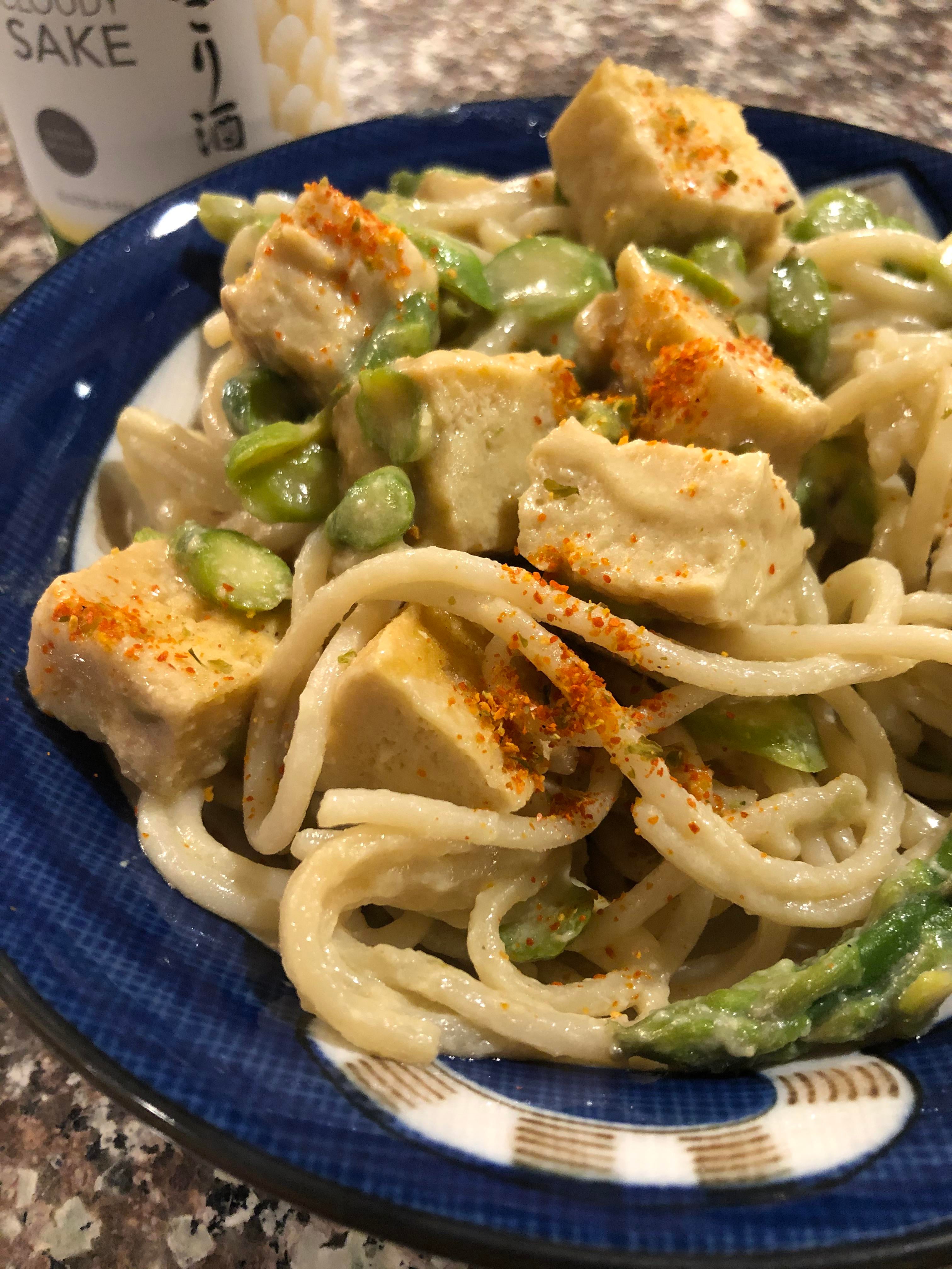 Creamy miso pasta with fried tofu and asparagus Dining and Cooking
