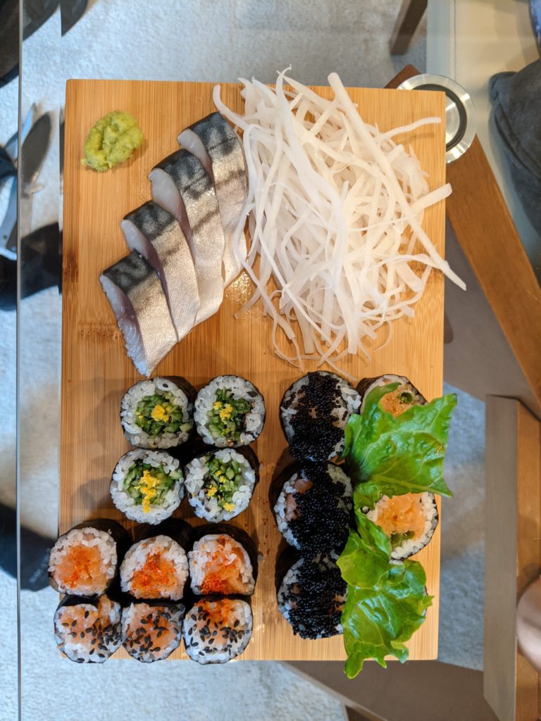 Shime Saba sashimi, smoked salmon rolls and kappamaki. Any visible improvents to be worked upon?