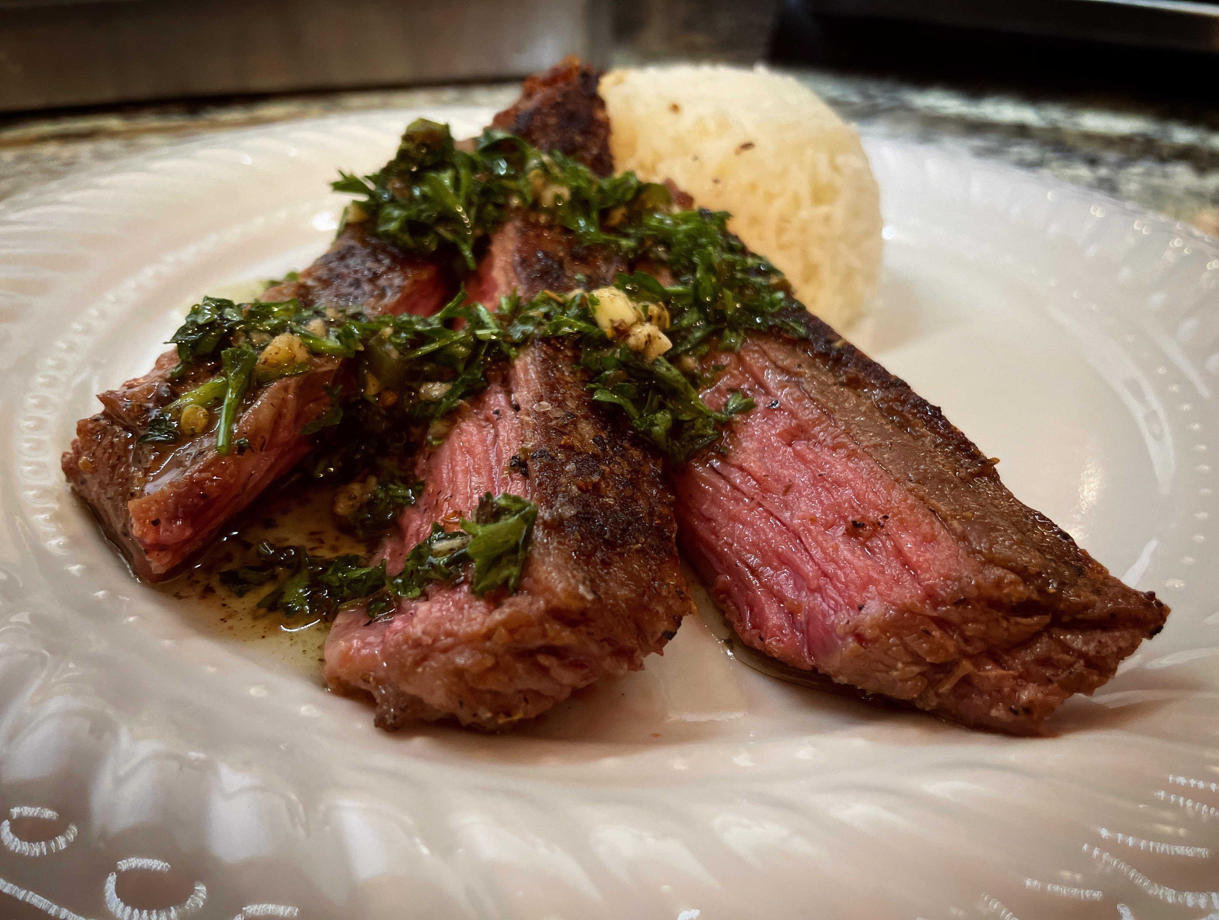 Skirt steak with chimichurri sauce at 130 for 1 hr 45 minutes, then a
