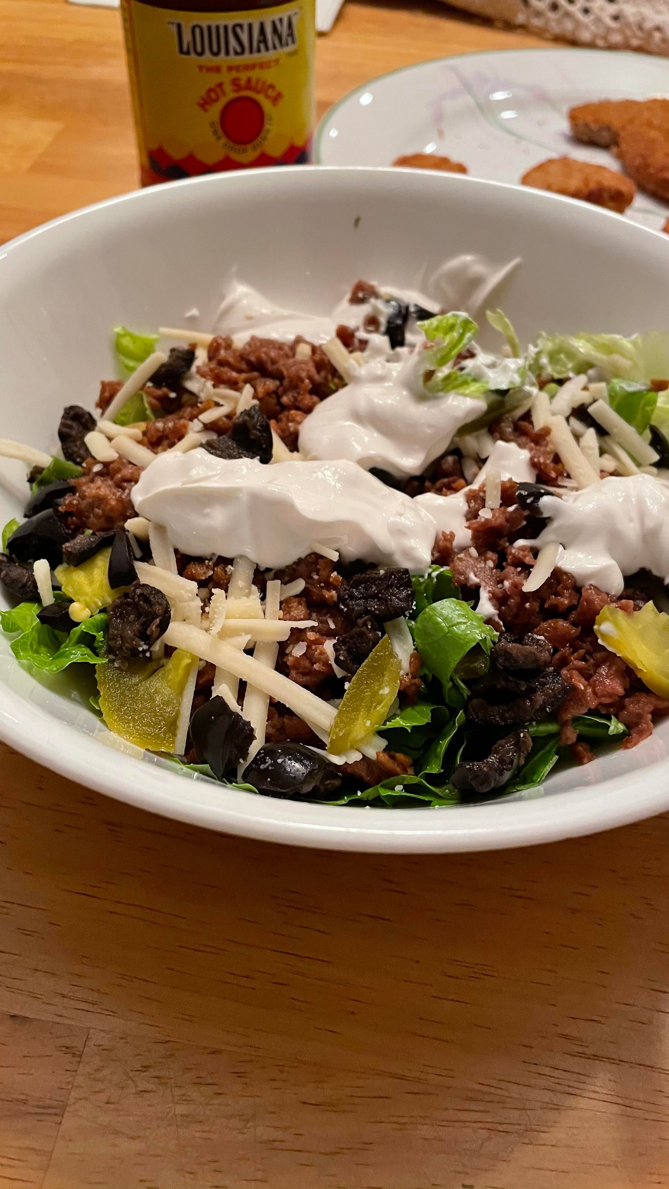 Beyond Meat taco salad with Tofutti sour cream Dining and Cooking