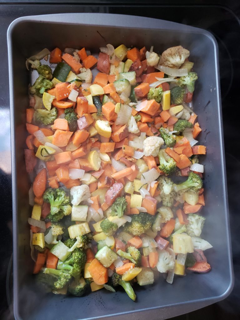 Roasted sweet potatoes, zucchini, squash, brocolli and cauliflower.