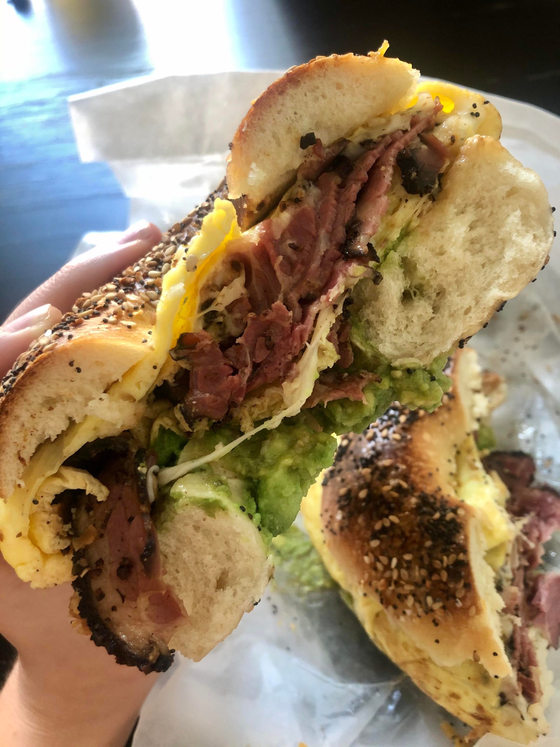 Everything bagel, pastrami, egg, provolone, avo. Breakfast of champions