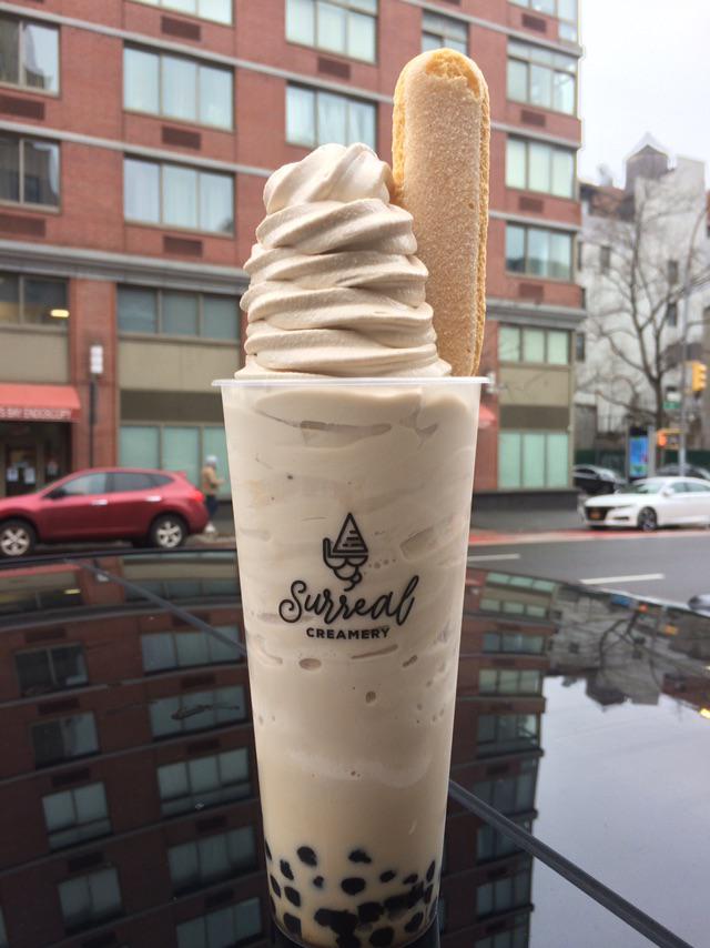 Earl grey ice cream and boba (bubble) tea float. Surreal Creamery