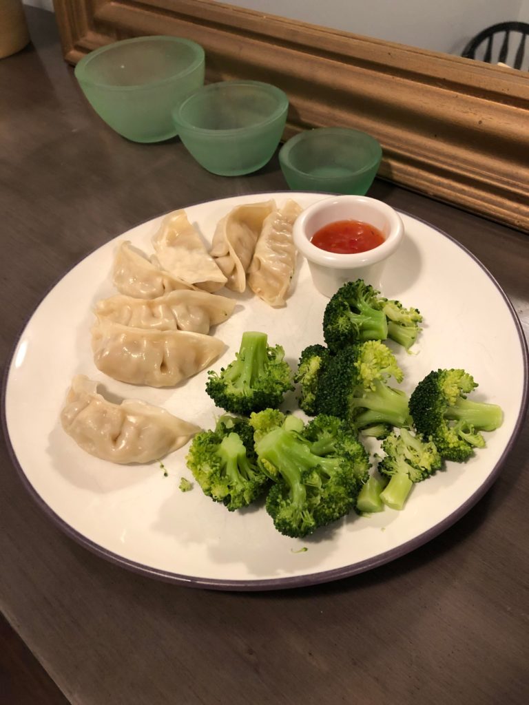 282 cal - Trader Joe’s chicken gyoza, broccoli, and sweet chili sauce. Easy and healthy meal after running errands this evening, just threw them in the steamer together for 7 min
