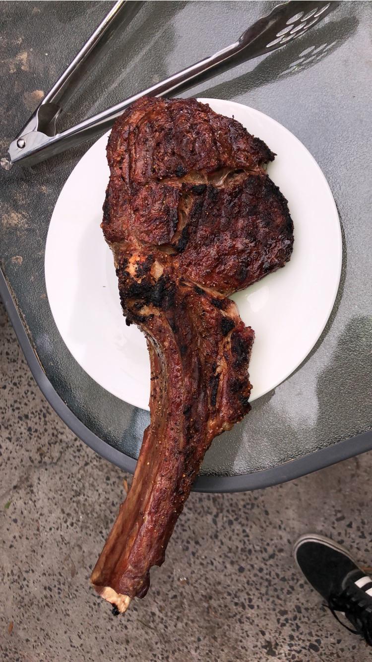 Australian tomahawk ribeye cooked to 55°C internal temp on a er