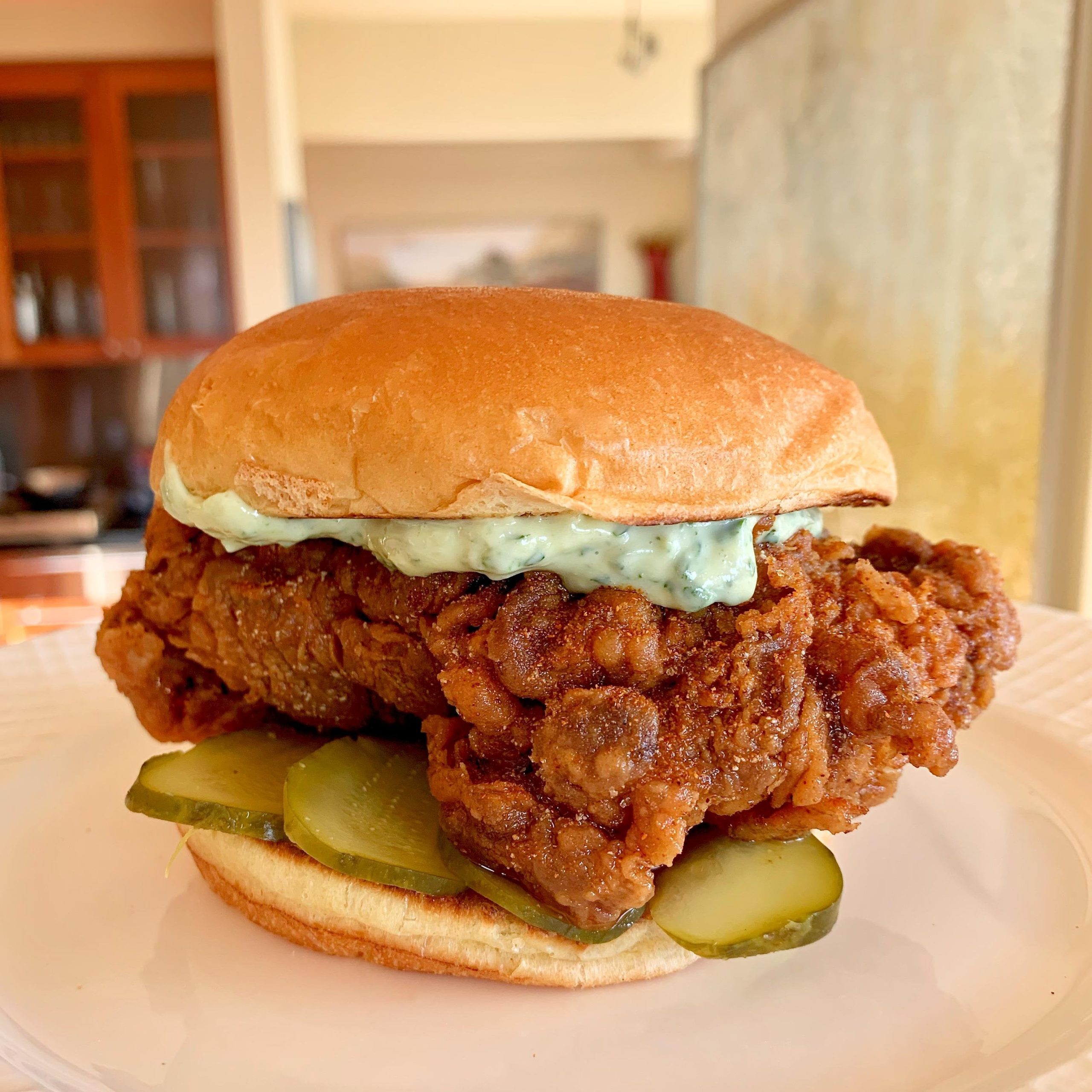 Nashville hot chicken sandwich with herb garlic mayo Dining and Cooking