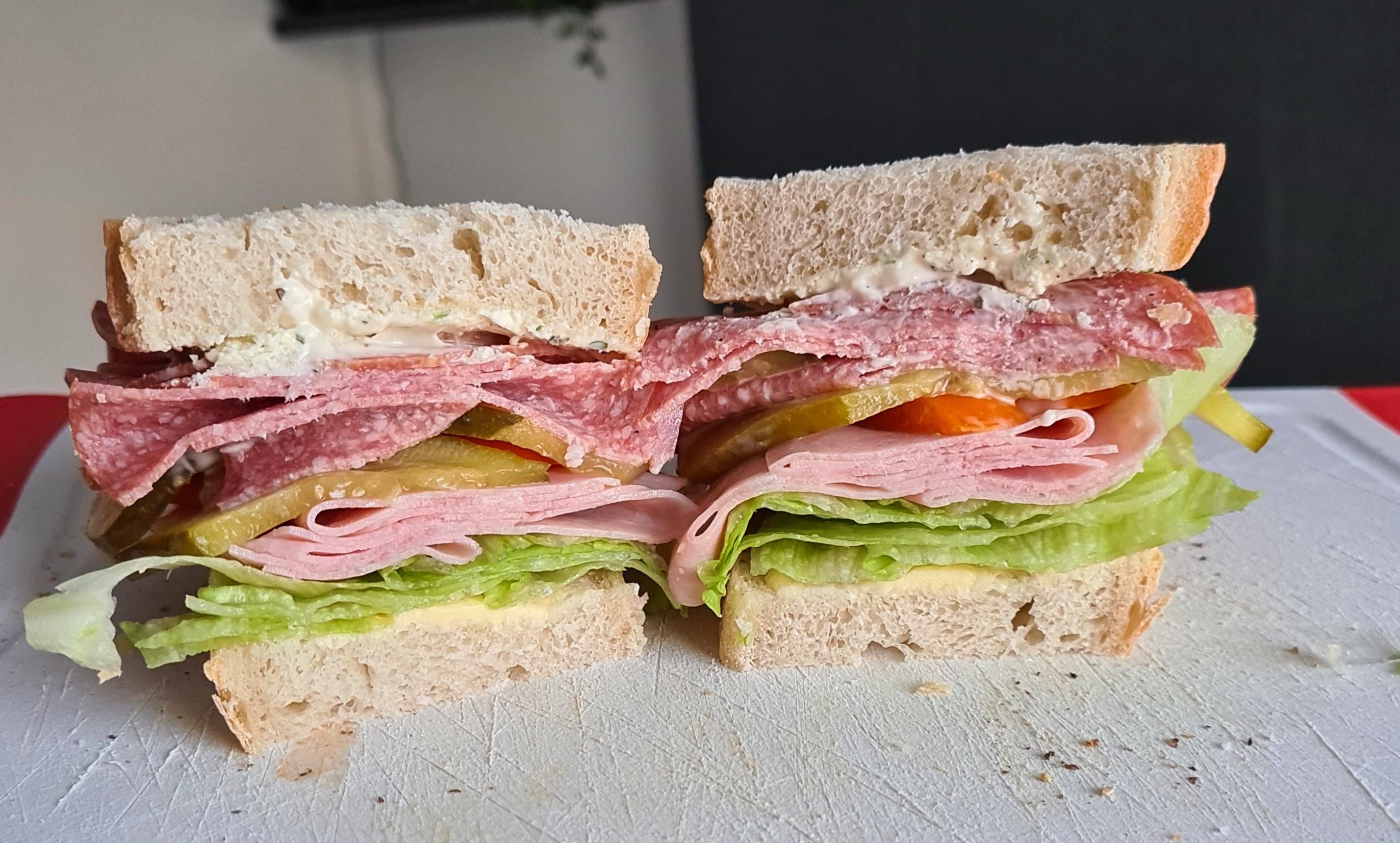 Ham Salami Garlic And Herb Cream Cheese With Pickles Bell Pepper And Lettuce On Sourdough Dining And Cooking