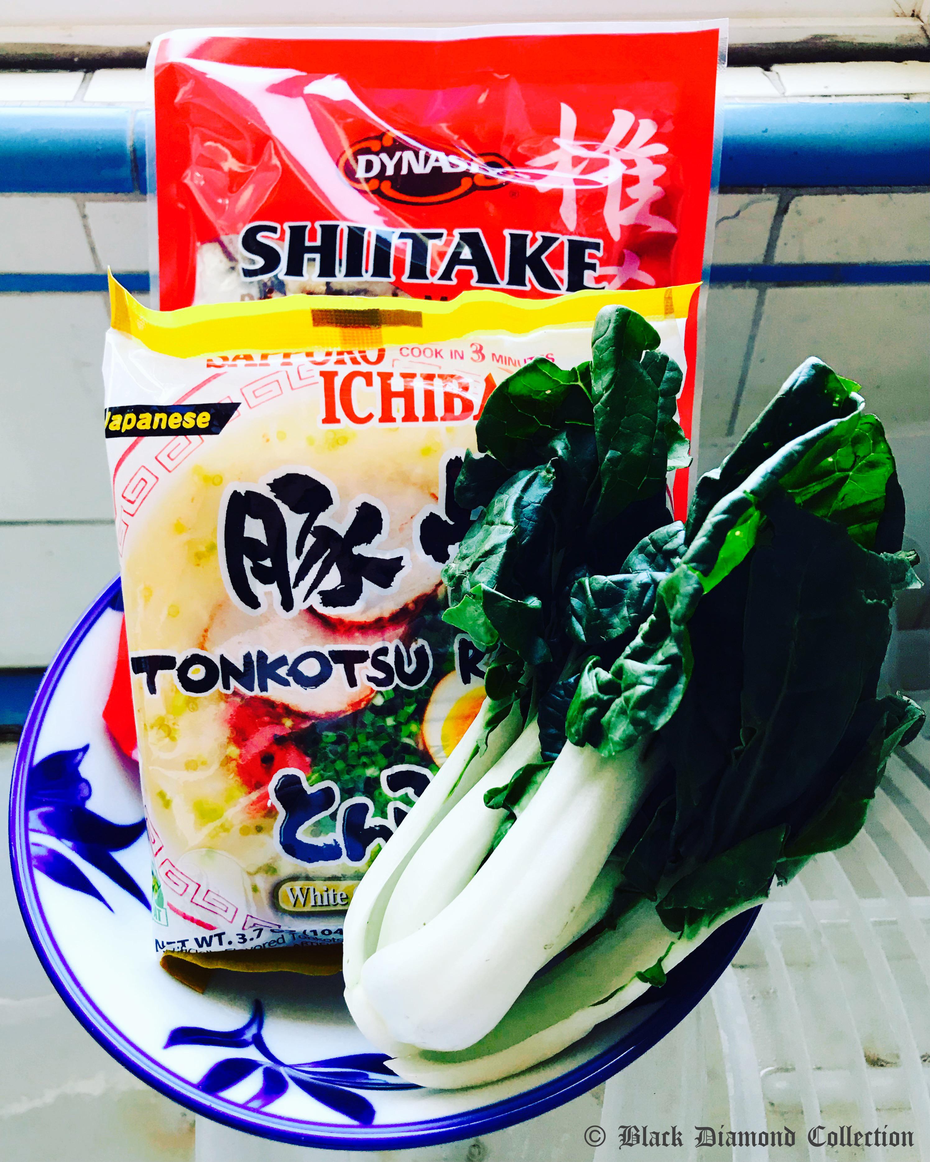 Ramen ingredients. Packaged Ramen, dried Shiitake Mushrooms, fresh Bok