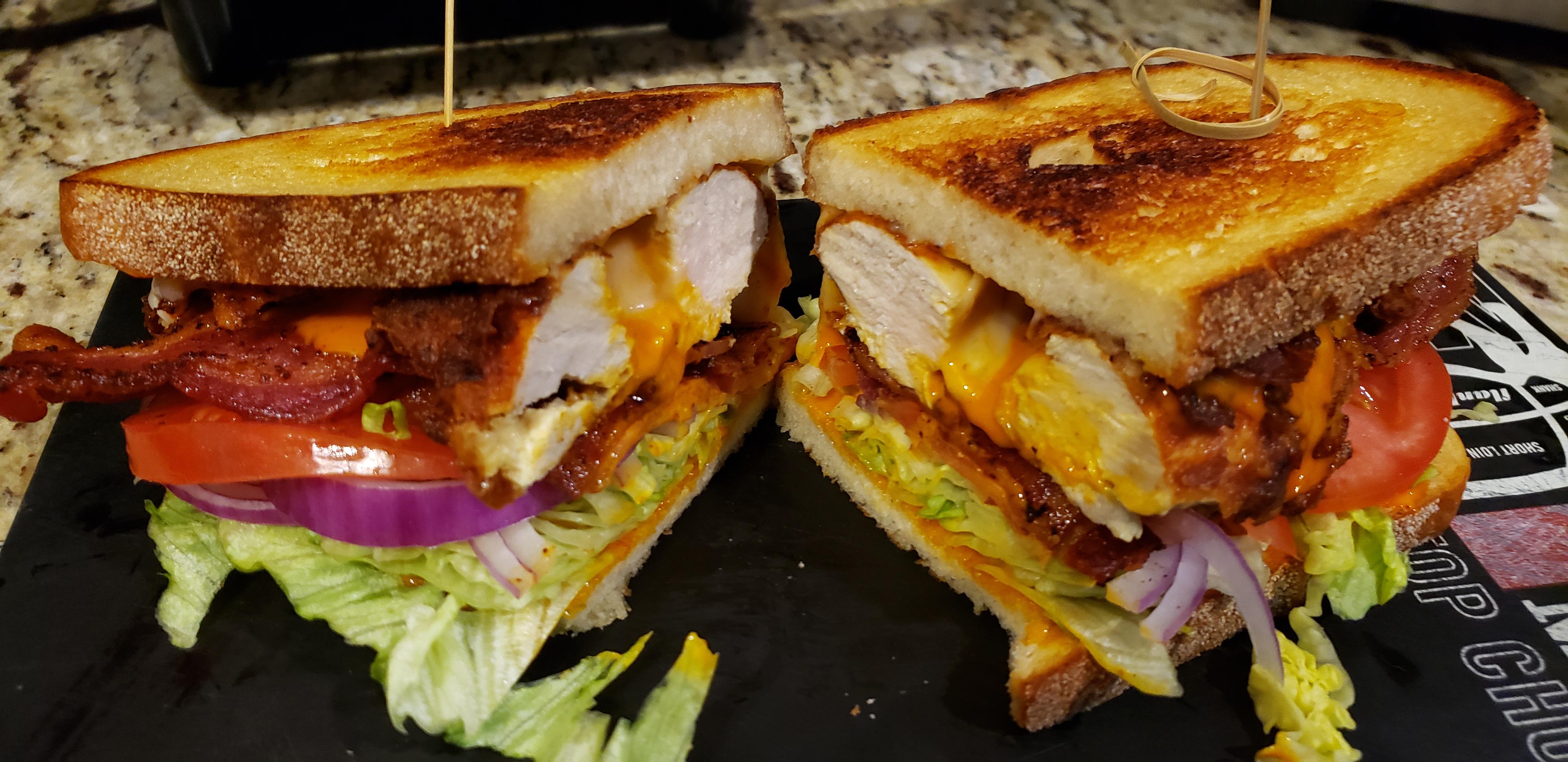 I Made This Monstrosity Of A Fried Chicken Club With Sweet Baby Ray S Chicken Sauce And Muenster On Grilled Sourdough It Was A Complete Mess But So Good Dining And Cooking