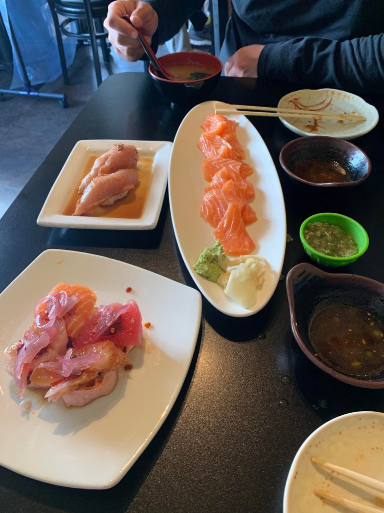 Our sushi lunch. Albacore tuna nigiri, salmon sashimi and the Ryan roll.