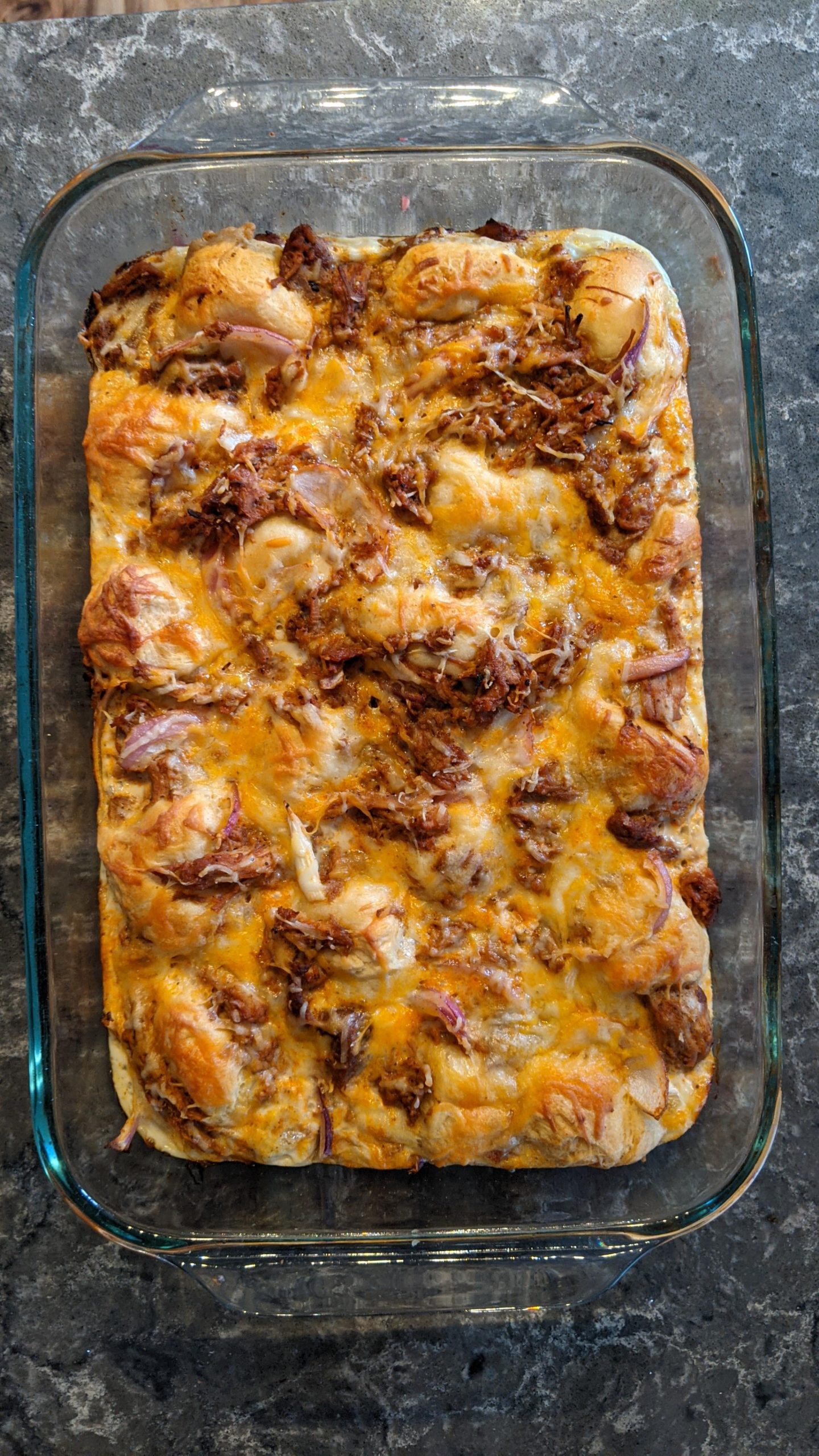 Pulled pork and crescent roll breakfast casserole. 6 servings. 311