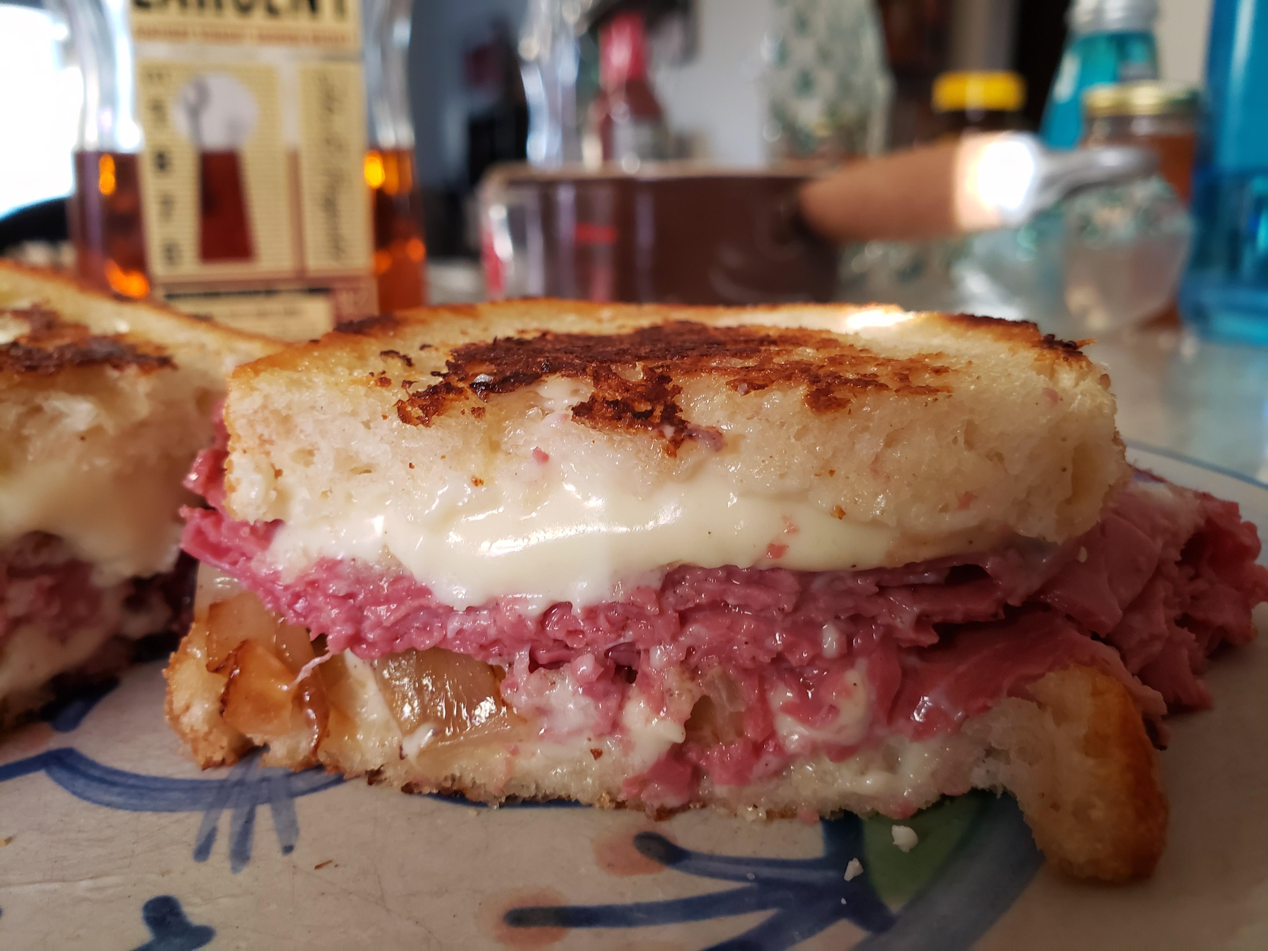 pastrami cheese and sautéed onions on sourdough Dining and Cooking