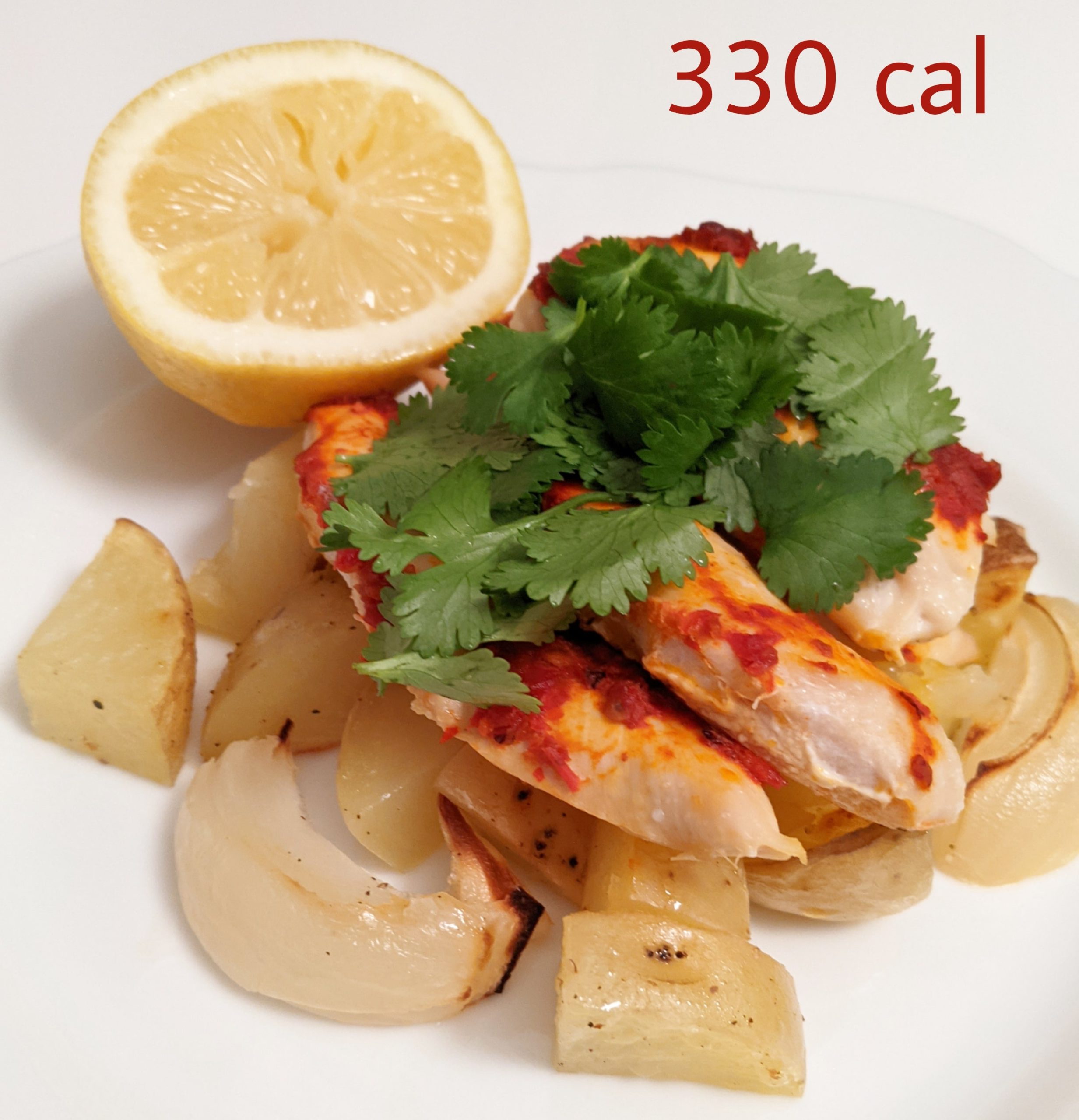 330 calories Oven roasted lemony yukon potatoes and yellow onion