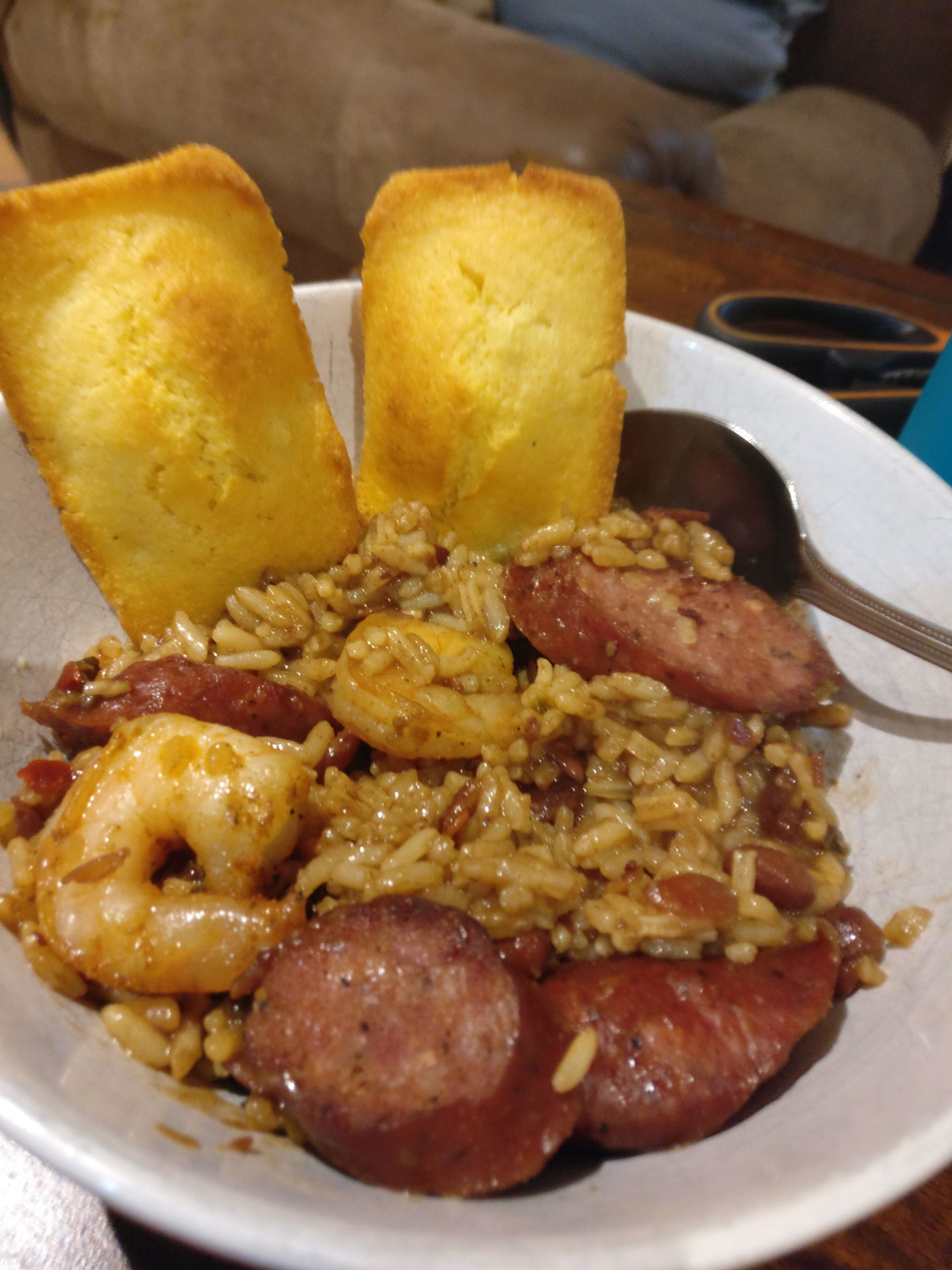 Red Beans and Rice, Smoked Sausage, Shrimp, and scratch made cornbread