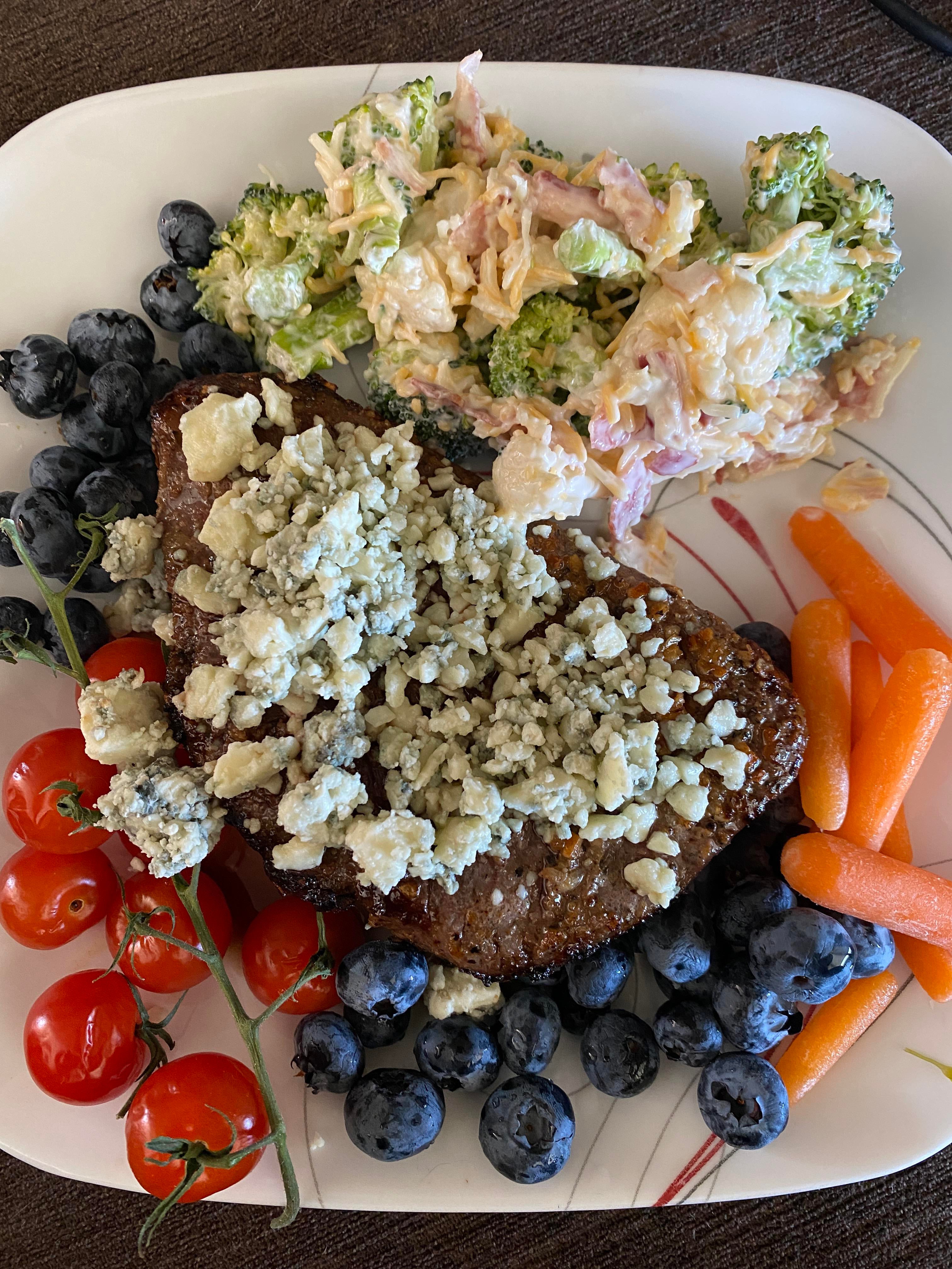 Sous Vide Sirloin Pan Finished in Butter, Topped With Blue Cheese Crumbles. From Frozen, 136F