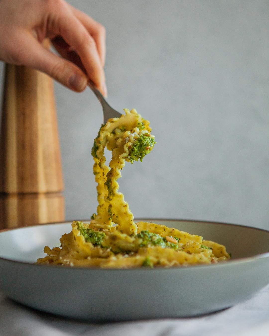 Garlicky kale pesto with mafaldine pasta Dining and Cooking