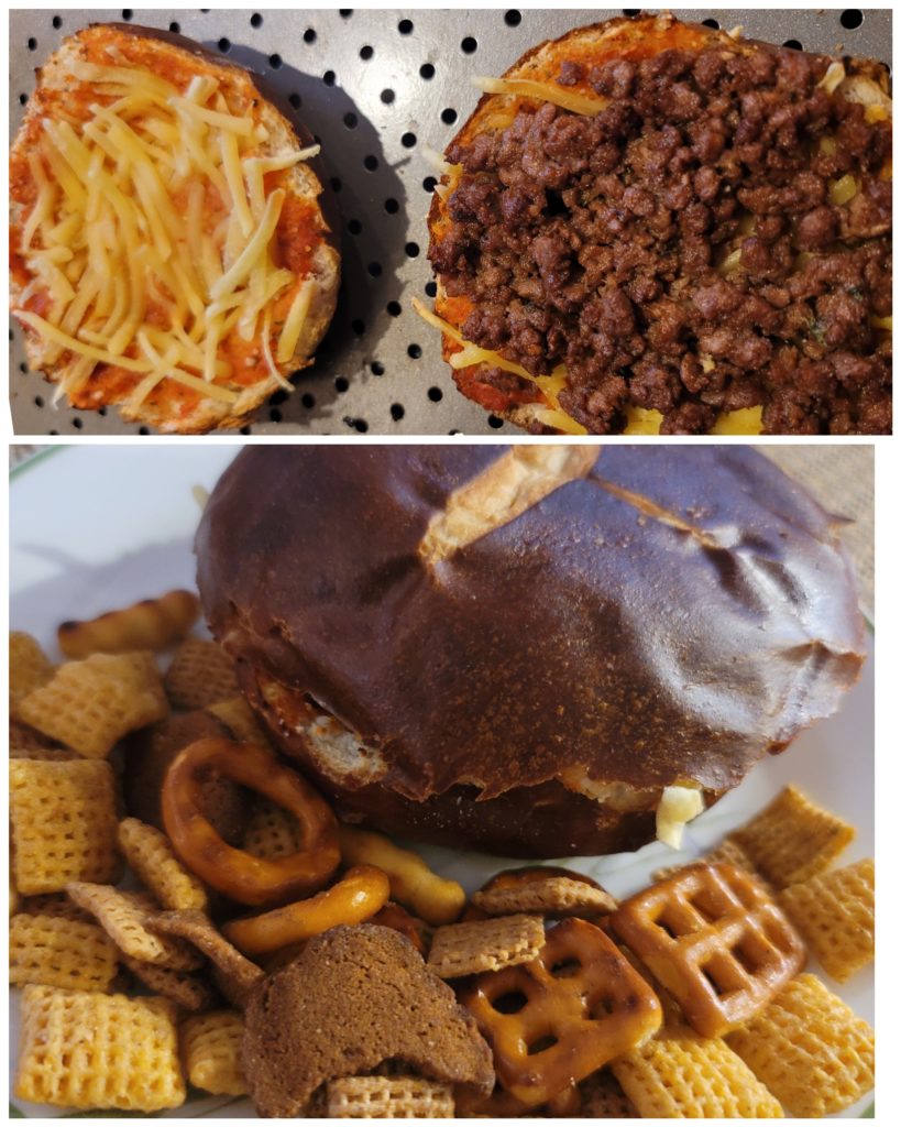 My Lunch.. A Pretzel Pizza Sandwich with Chex Mix..