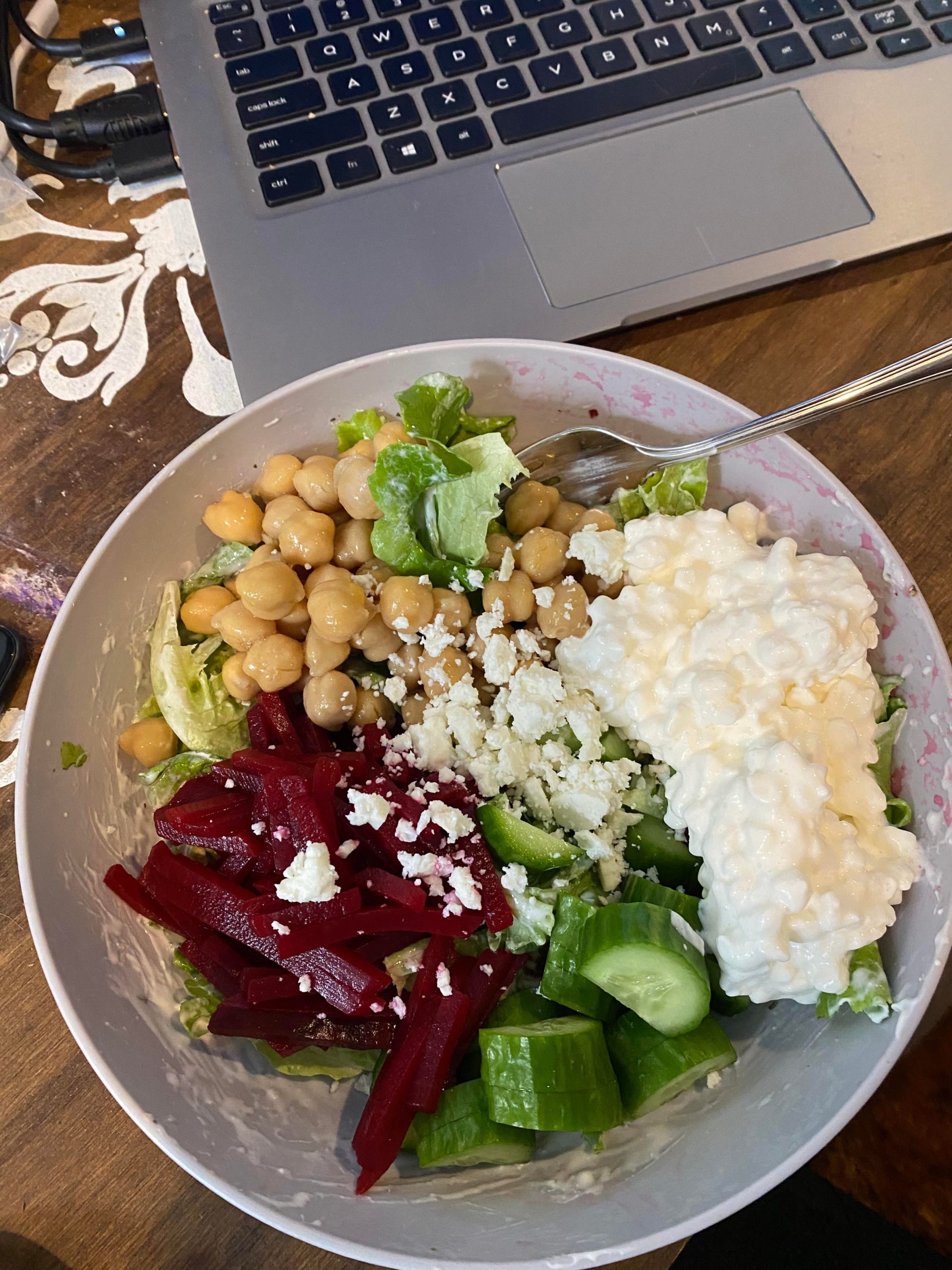 Salad with beets, chickpeas, cucumber, feta and cottage cheese. New fav