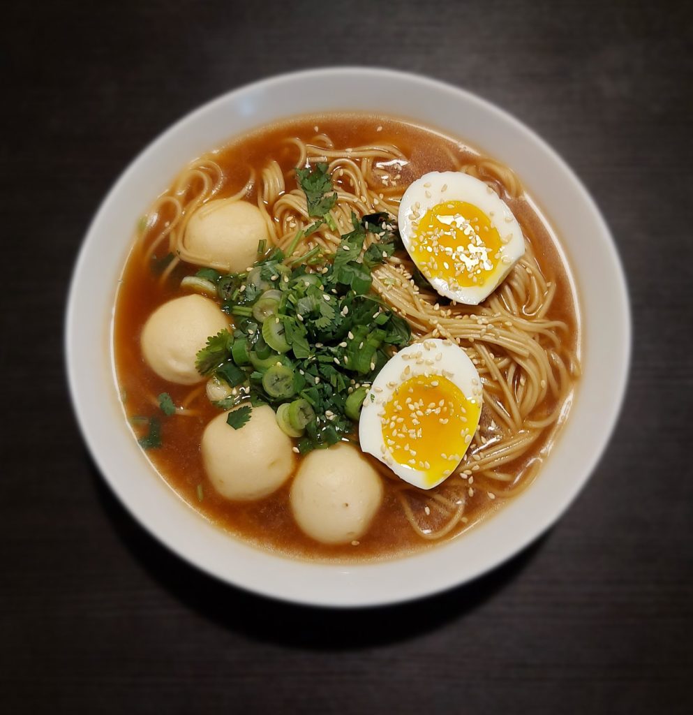 Simple ramen dinner - miso ramen, fish balls and a gooey soft boiled egg with scallions and cilantro