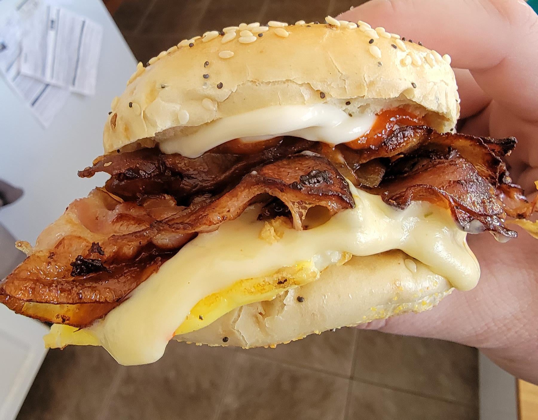 Hangover cure everything bagel, mayo/Sriracha, double smoked bacon