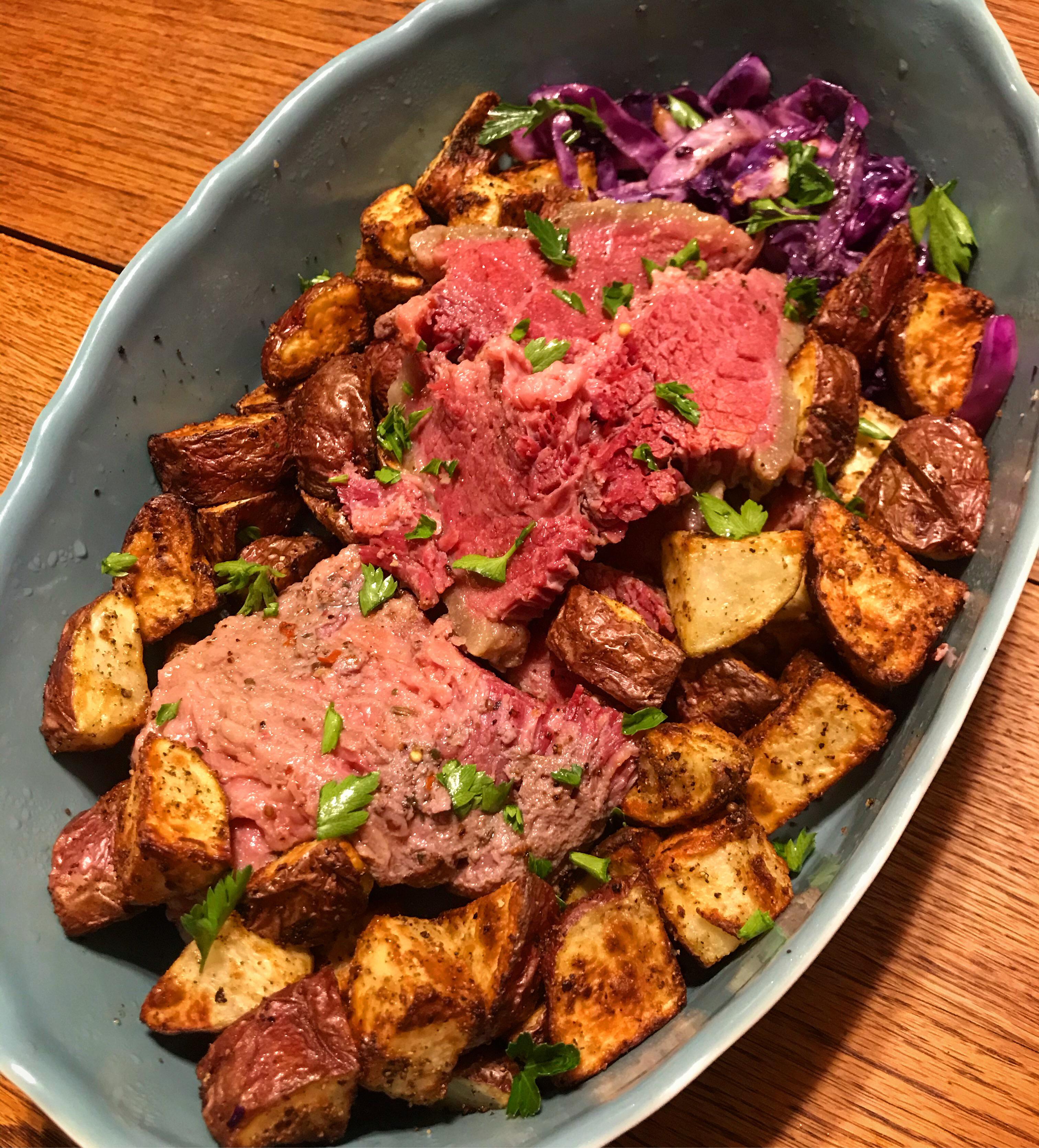 Corned beef, purple cabbage, roasted red potatoes Dining and Cooking