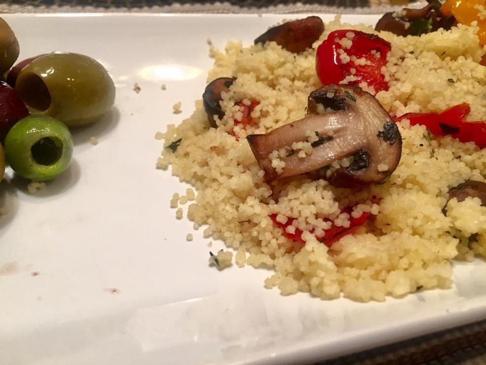 Africa Meets Spain Moroccan Couscous With Mushrooms And Sweet Peppers Spanish Olives On The Side Dining And Cooking