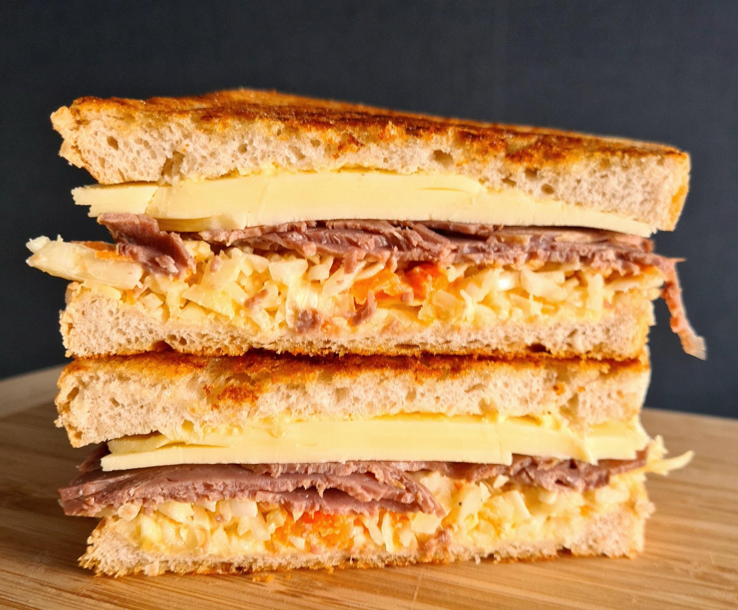Roast beef, gouda, coleslaw, on toasted sourdough. Dining and Cooking