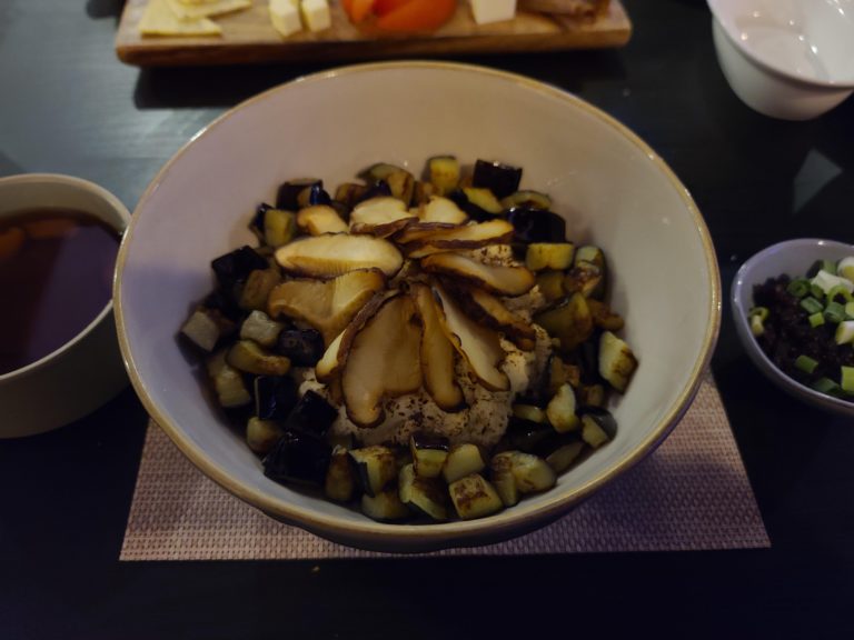 Eggplant Shiitake over Black Rice & Tofu Crumble [Gunpo, South Korea