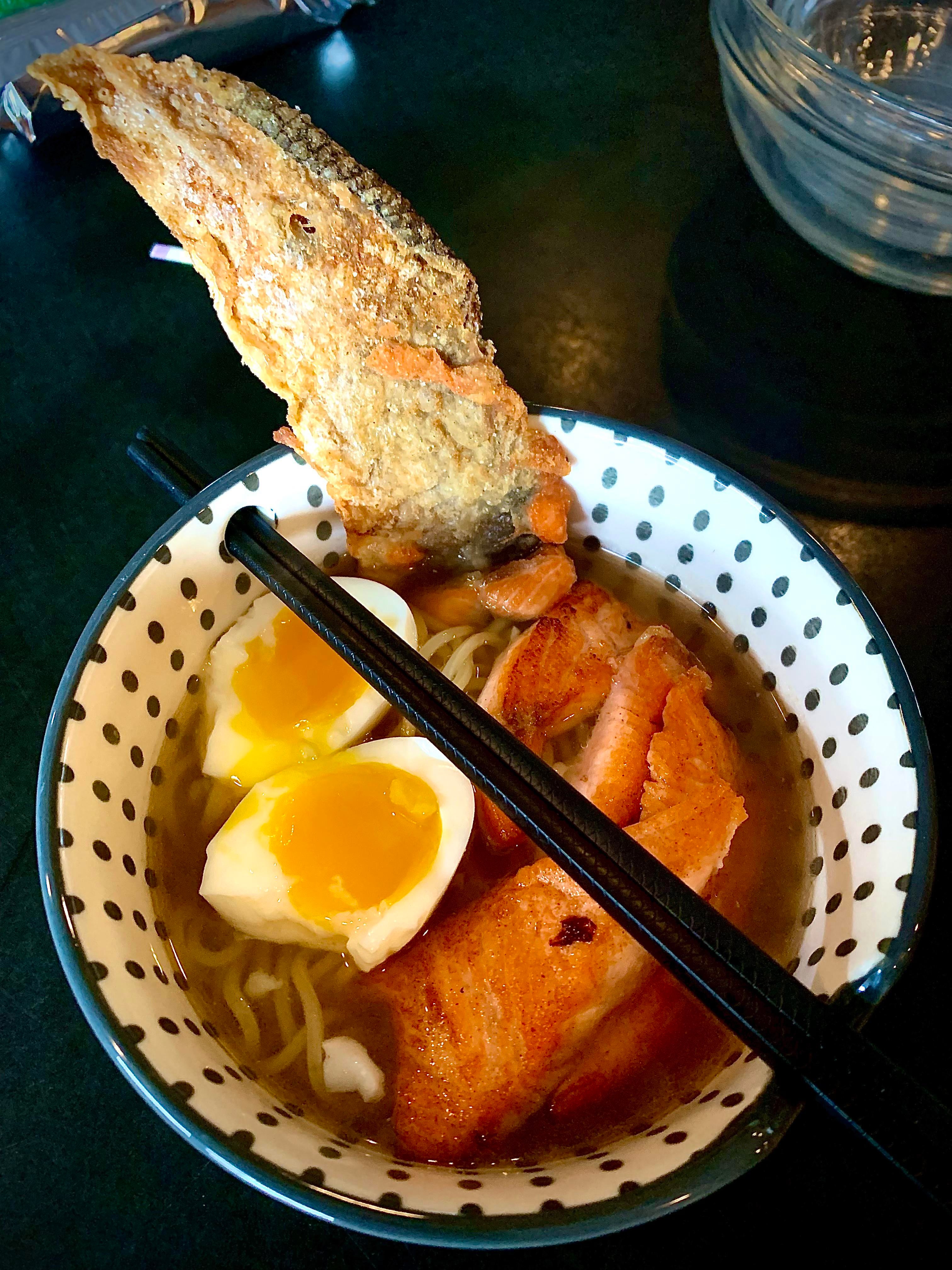 Salmon ramen with crispy skin and imperfect egg. Dining and Cooking