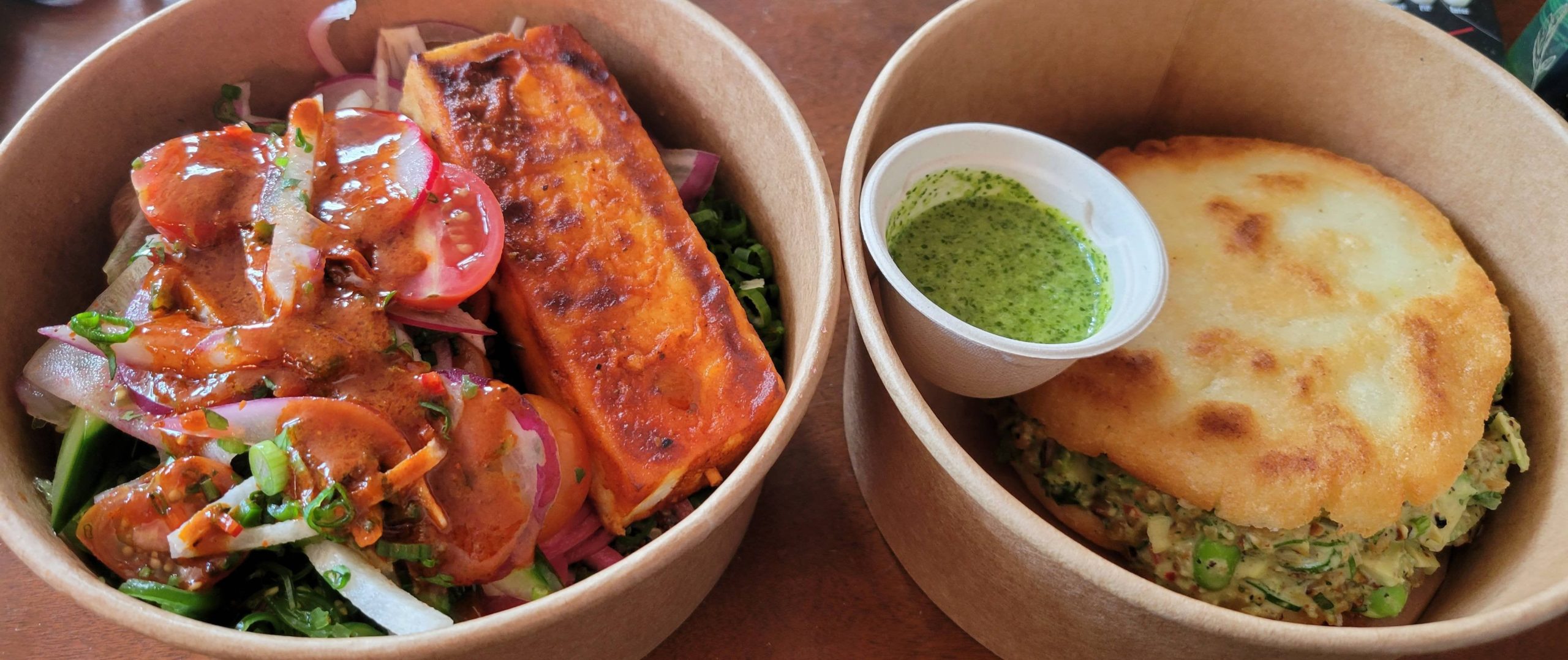 Tofu skewer bowl with jicama ceviche and vegan tempeh arepas Dining